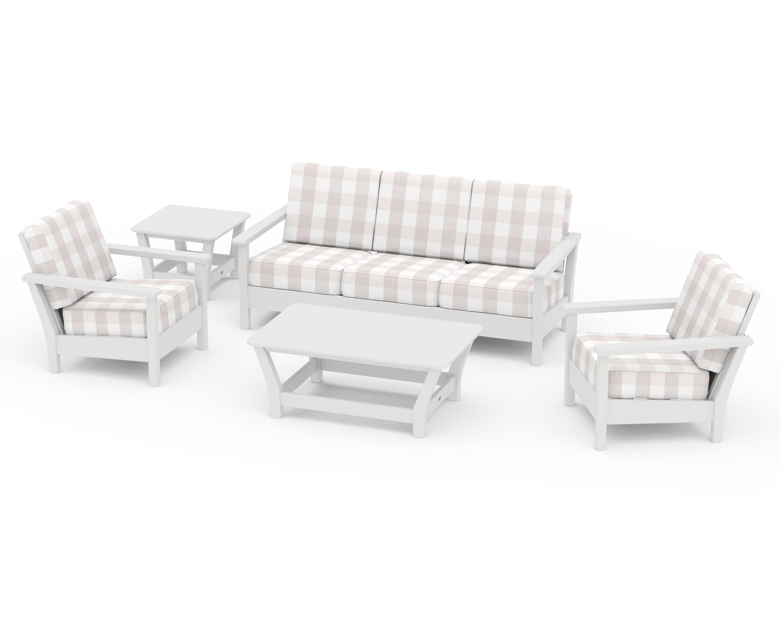 Harbour 5-Piece Deep Seating Set in White / Buffalo Plaid Dune Burlap