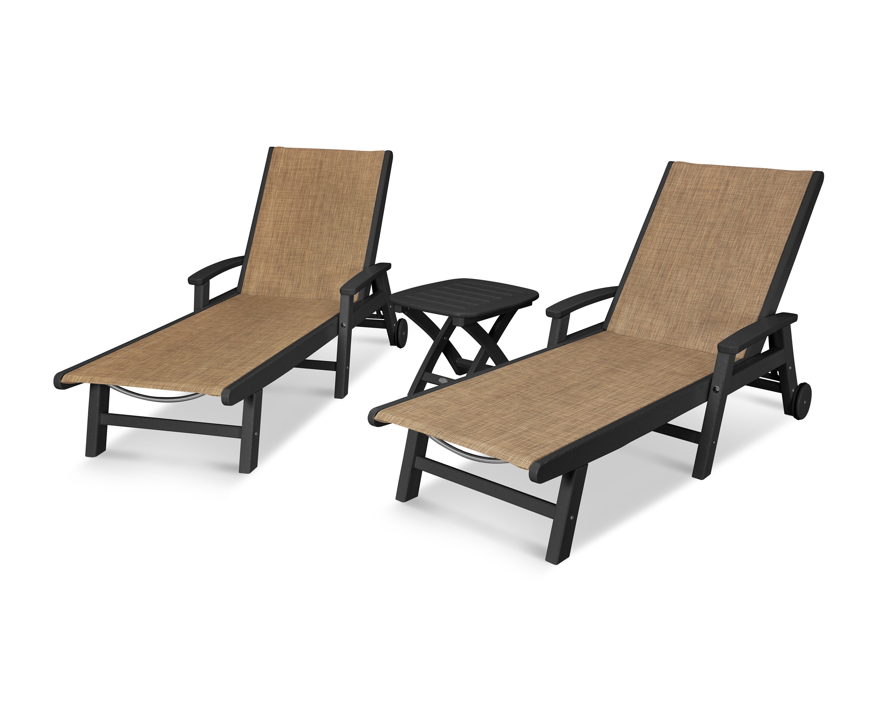 Coastal 3-Piece Wheeled Chaise Set in Black / Burlap Sling