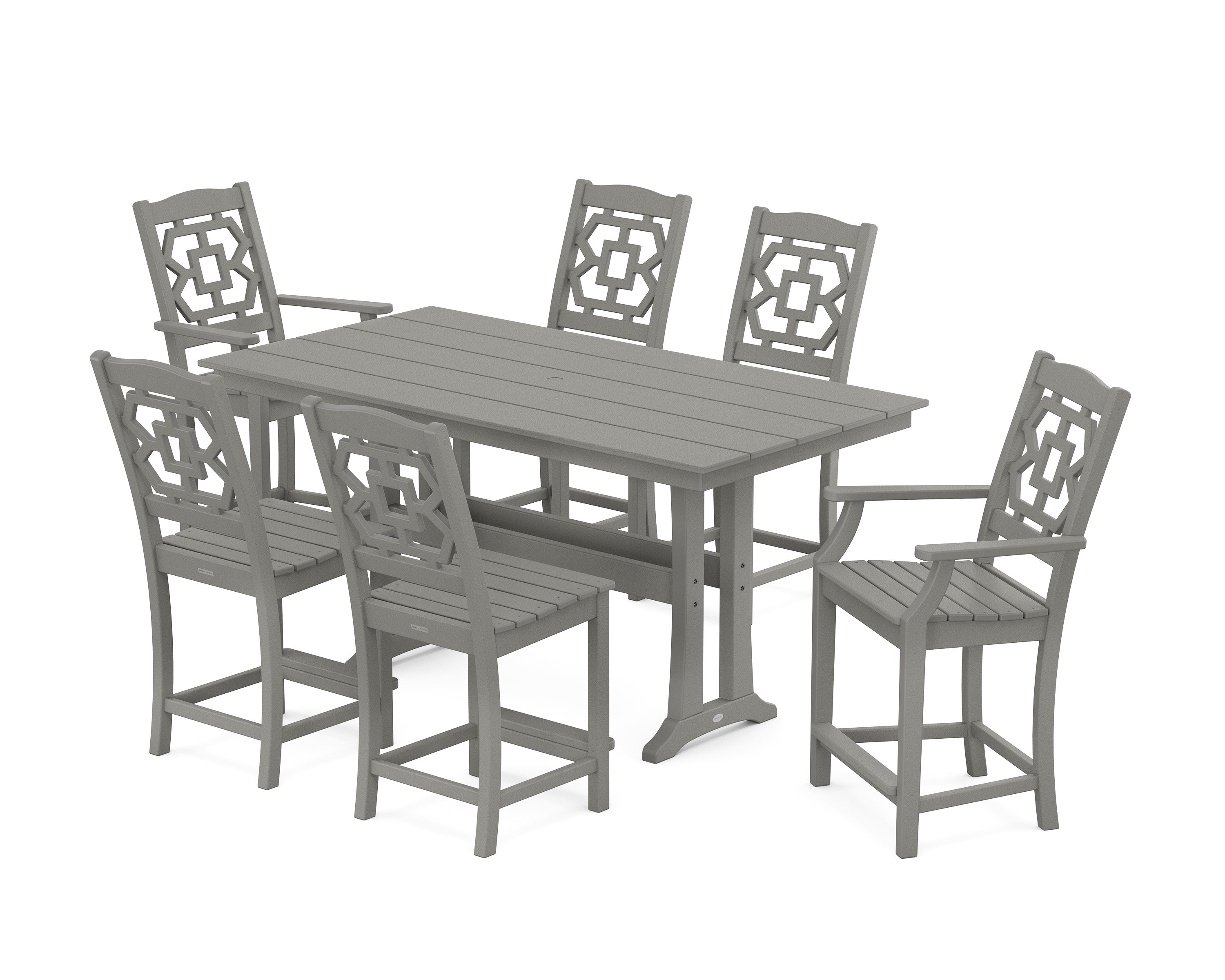 Chinoiserie 7-Piece Farmhouse Counter Set with Trestle Legs in Slate Grey