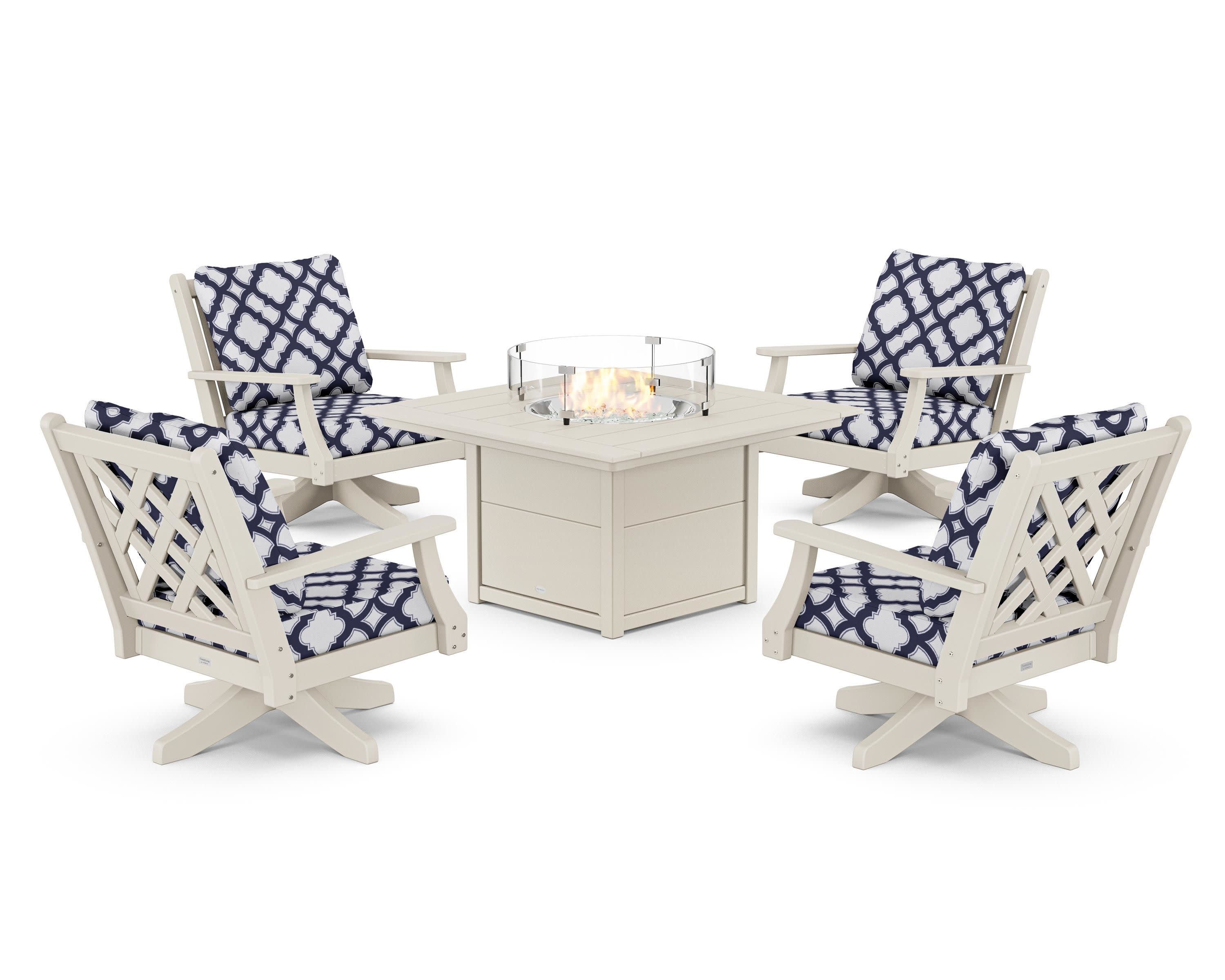 Wovendale 5-Piece Deep Seating Swivel Conversation Set with Fire Pit Table in Sand / Trellis Navy