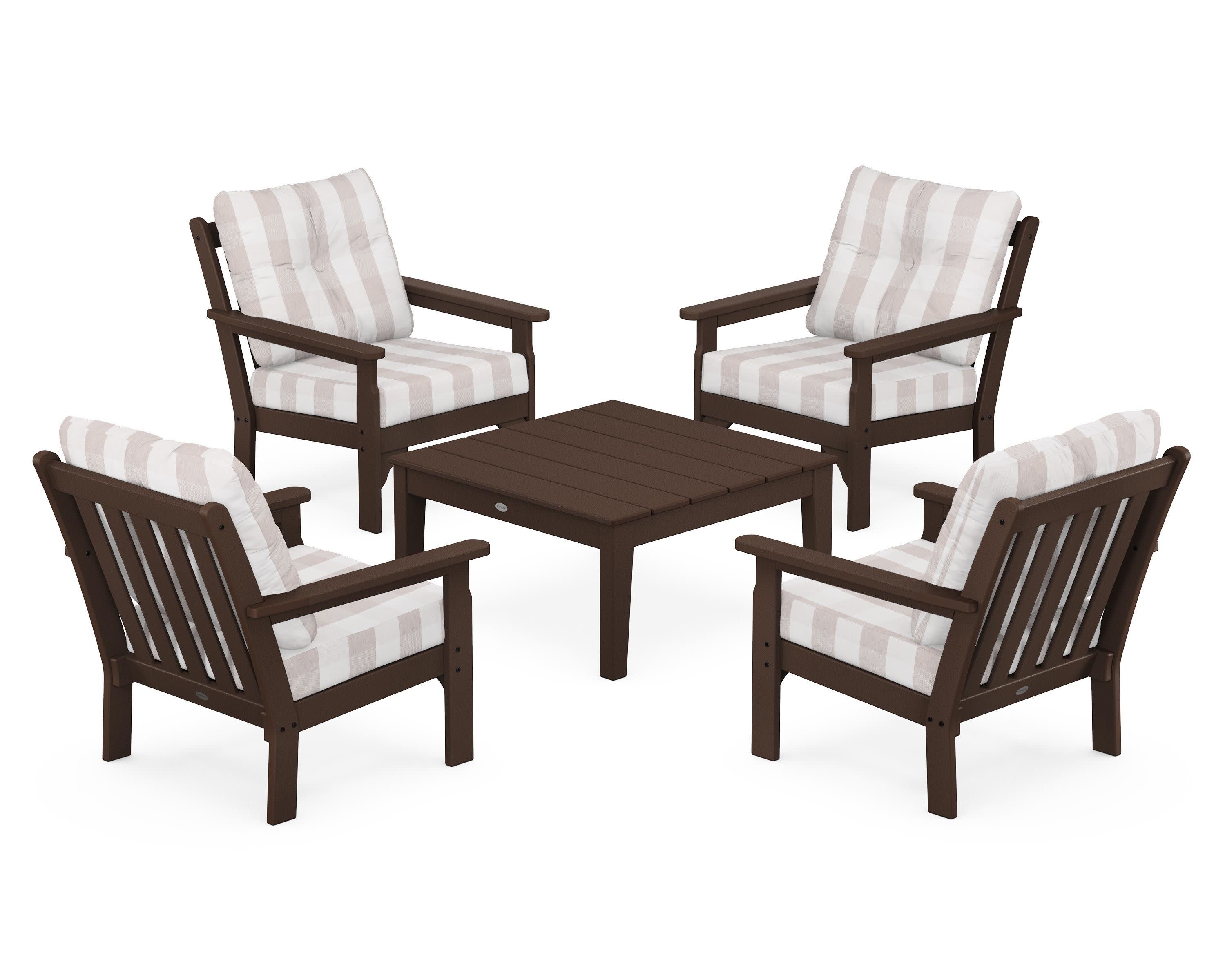 Vineyard 5-Piece Deep Seating Conversation Set in Mahogany / Buffalo Plaid Dune Burlap