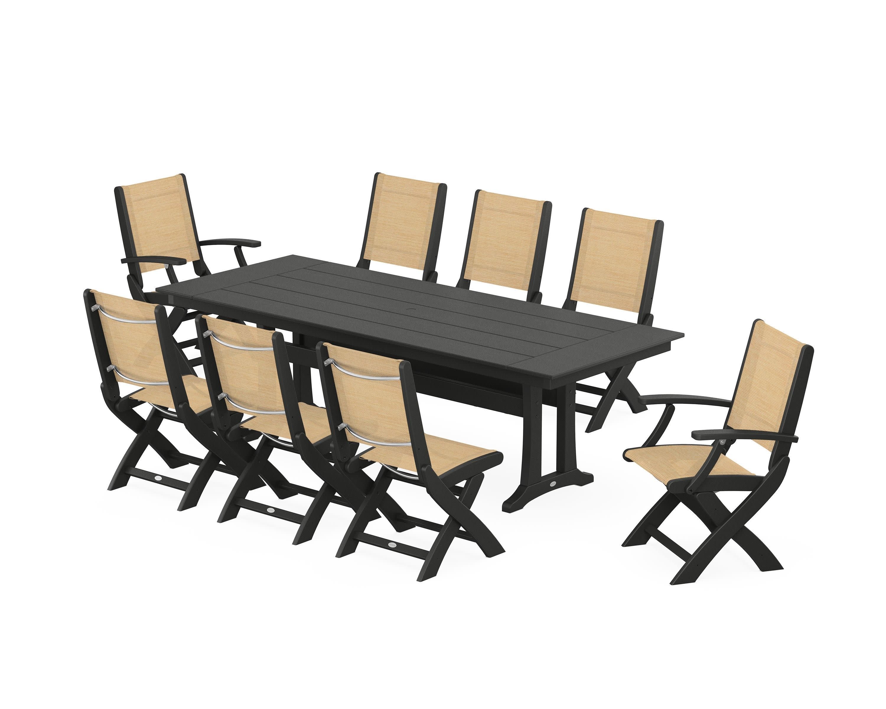 Coastal 9-Piece Folding Dining Chair Farmhouse Dining Set with Trestle Legs in Black / Dupioni Apricot Sling