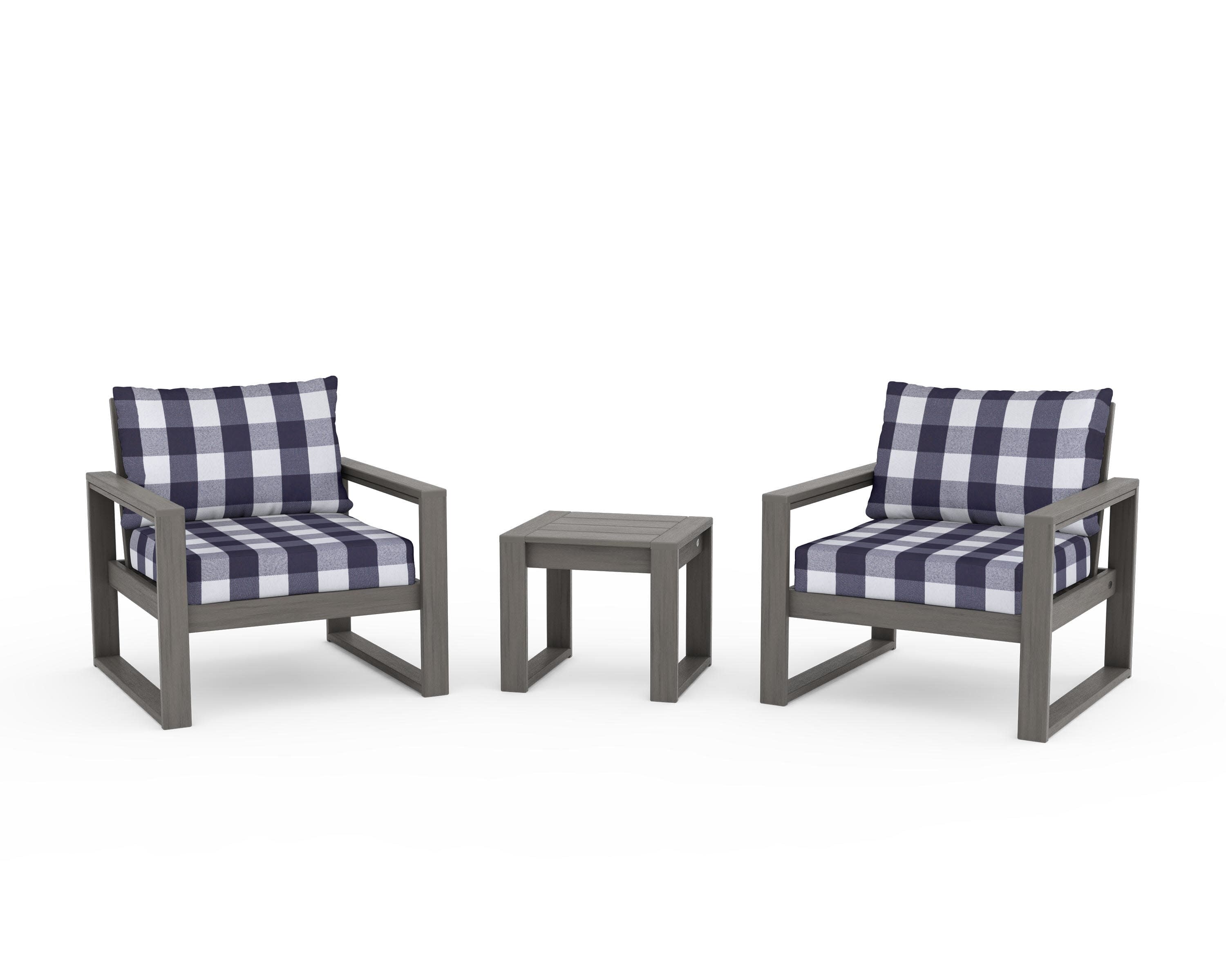 EDGE Sectional 3-Piece Deep Seating Set in Driftwood / Buffalo Plaid Navy