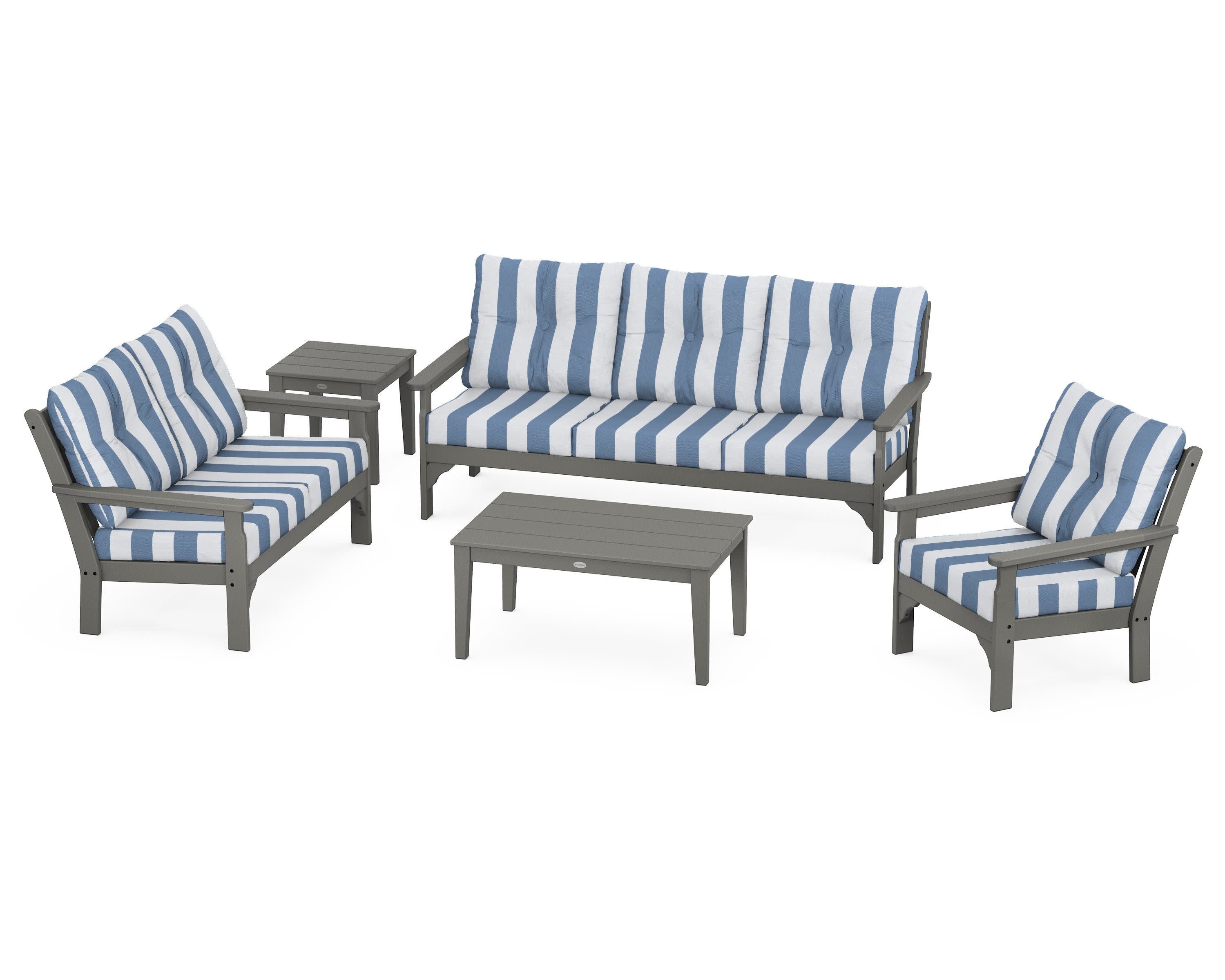 Vineyard 5 Piece Deep Seating Set in Slate Grey / Cabana Stripe Sky Blue