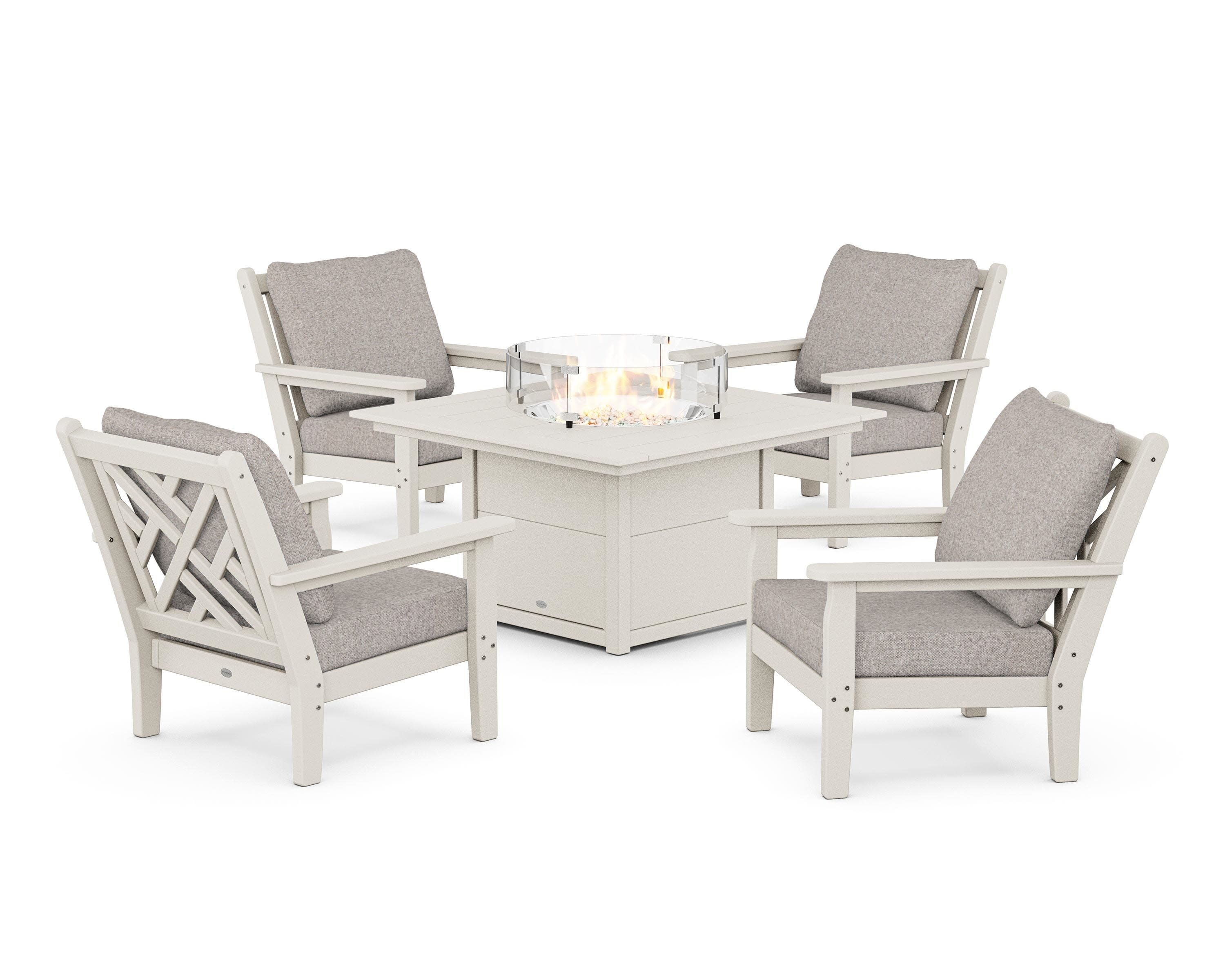 Chippendale 5-Piece Deep Seating Set with Fire Pit Table in Sand / Weathered Tweed