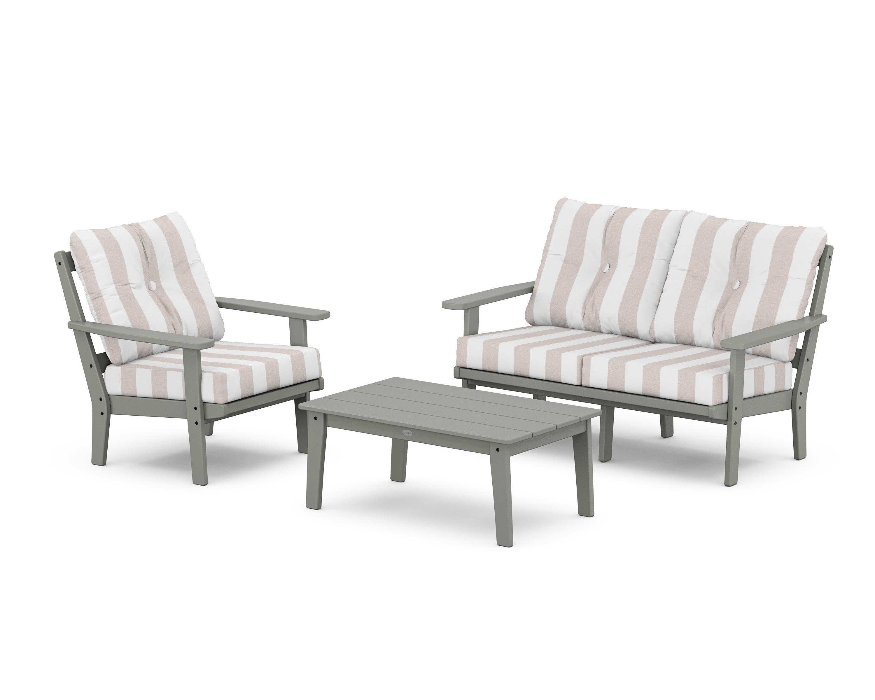 Oxford 3-Piece Deep Seating Set with Loveseat in Slate Grey / Cabana Stripe Dune Burlap