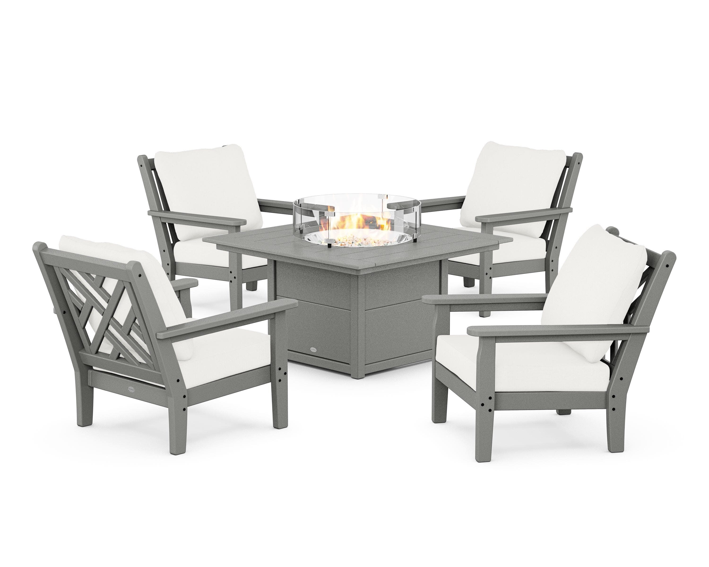 Chippendale 5-Piece Deep Seating Set with Fire Pit Table in Slate Grey / Natural Linen