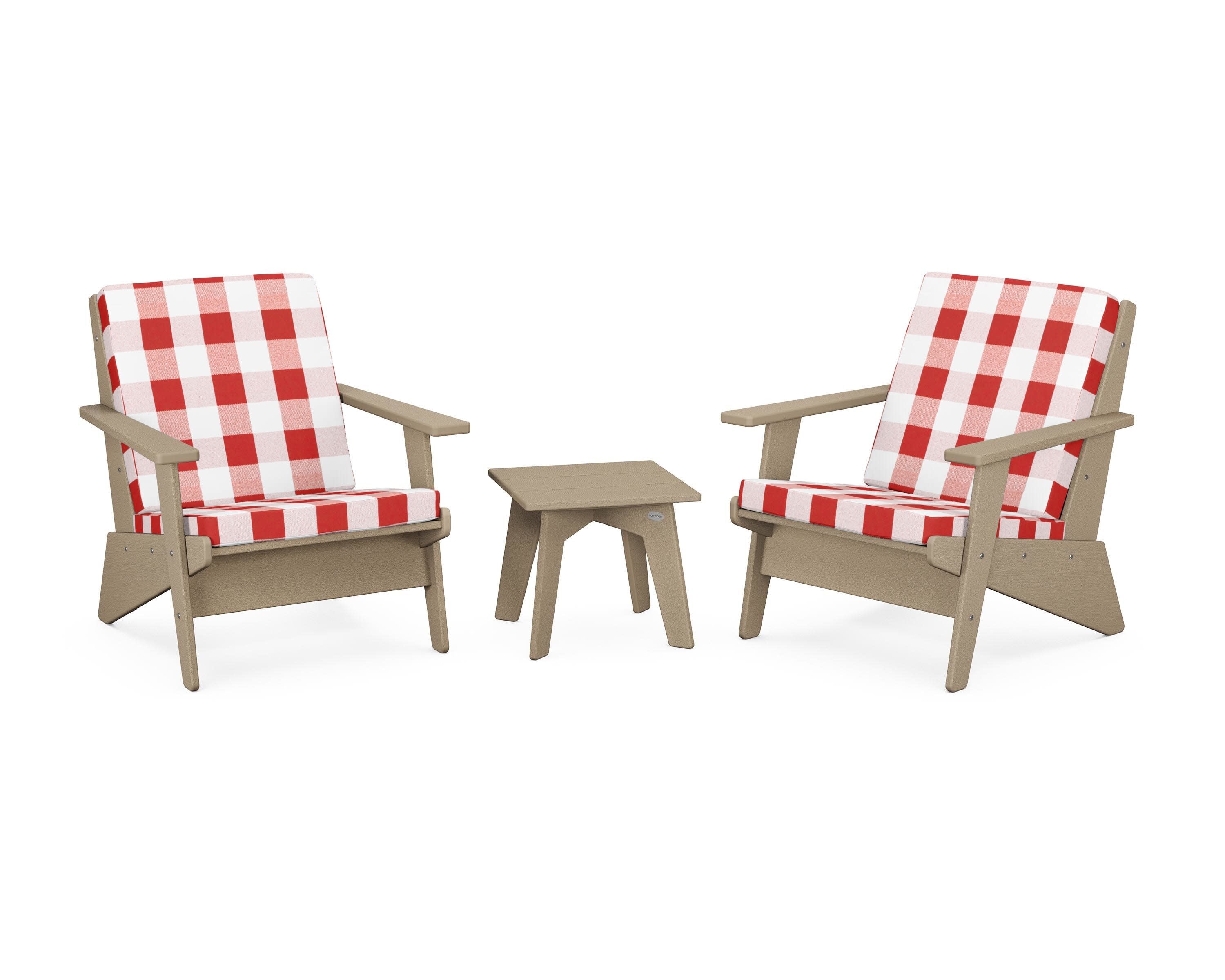 Riviera Modern Lounge 3-Piece Set in Vintage Sahara / Buffalo Plaid Crimson