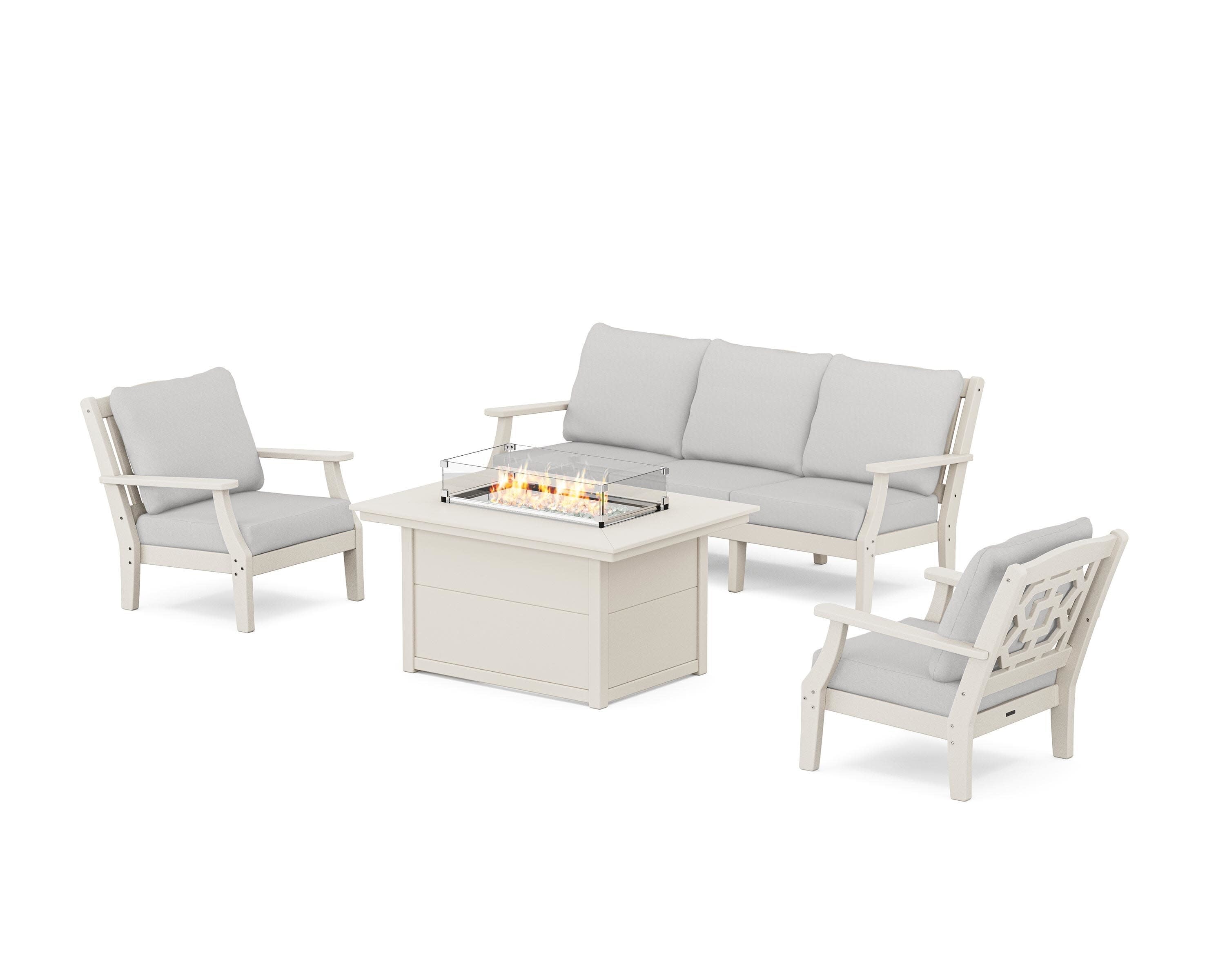 Chinoiserie Deep Seating Fire Pit Table Set in Sand / Diamond in the Rough