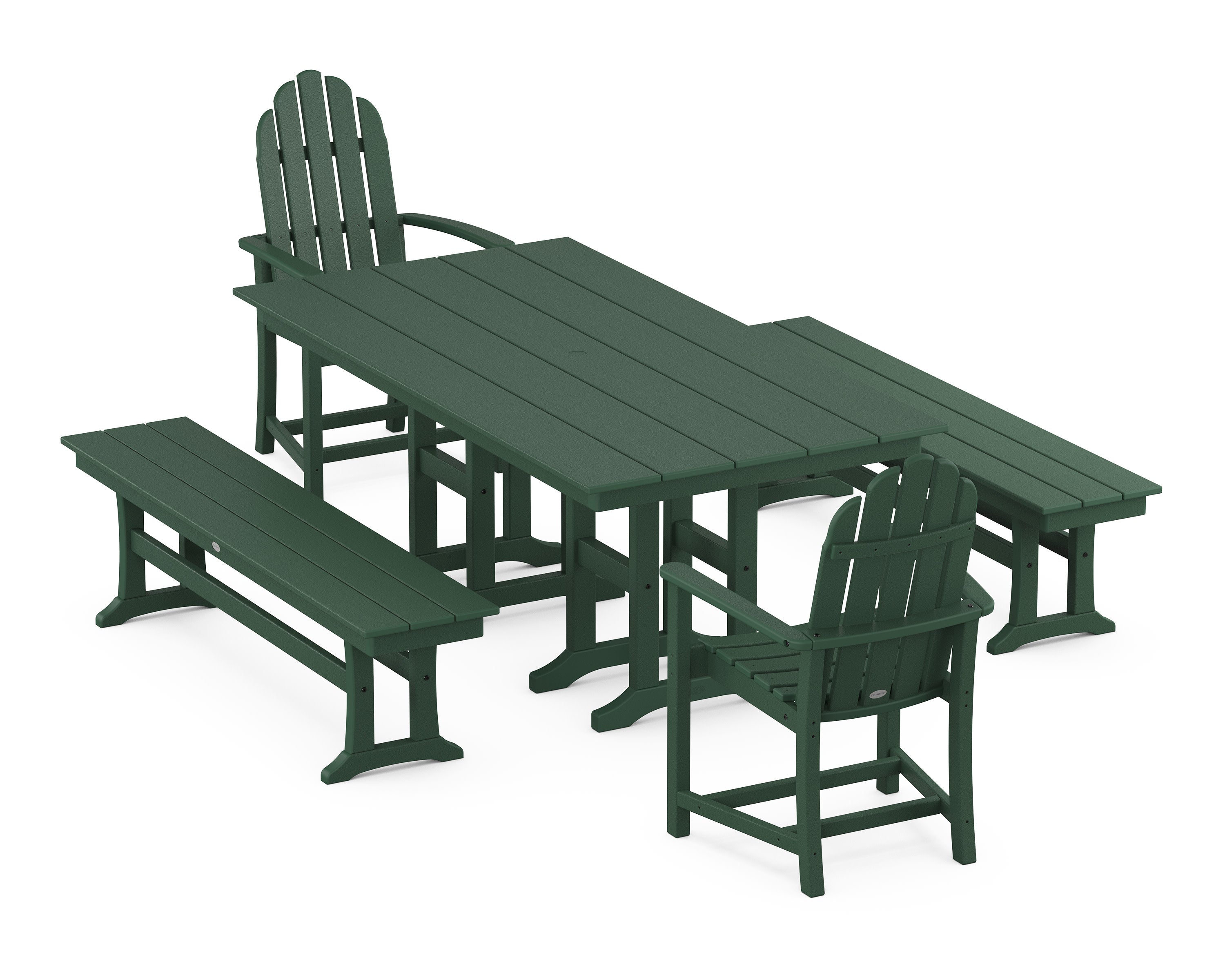 Classic Adirondack 5-Piece Farmhouse Dining Set with Benches in Green