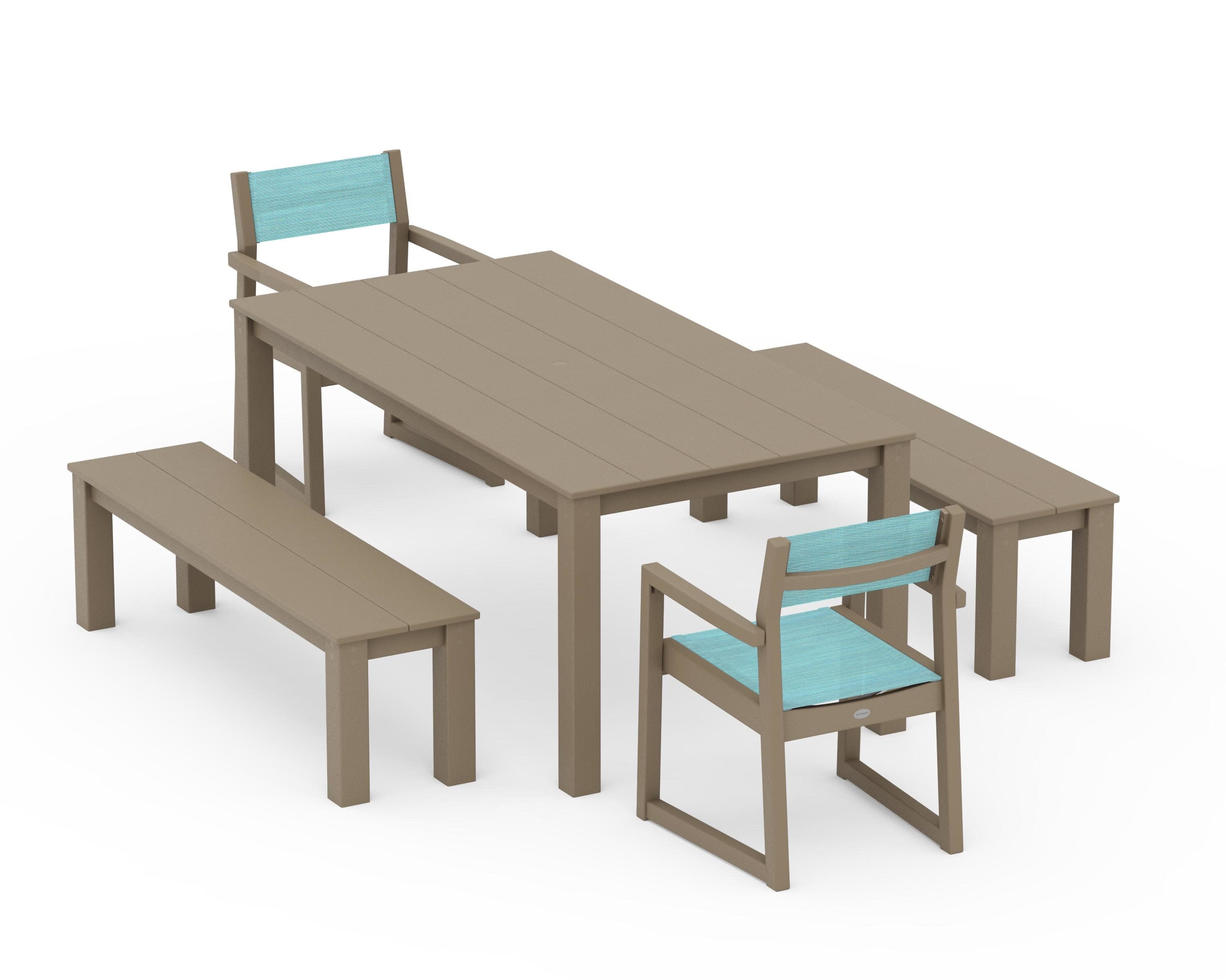 EDGE Sling Arm Chair 5-Piece Parsons Dining Set with Benches in Vintage Sahara / Dupioni Aquamarine Sling