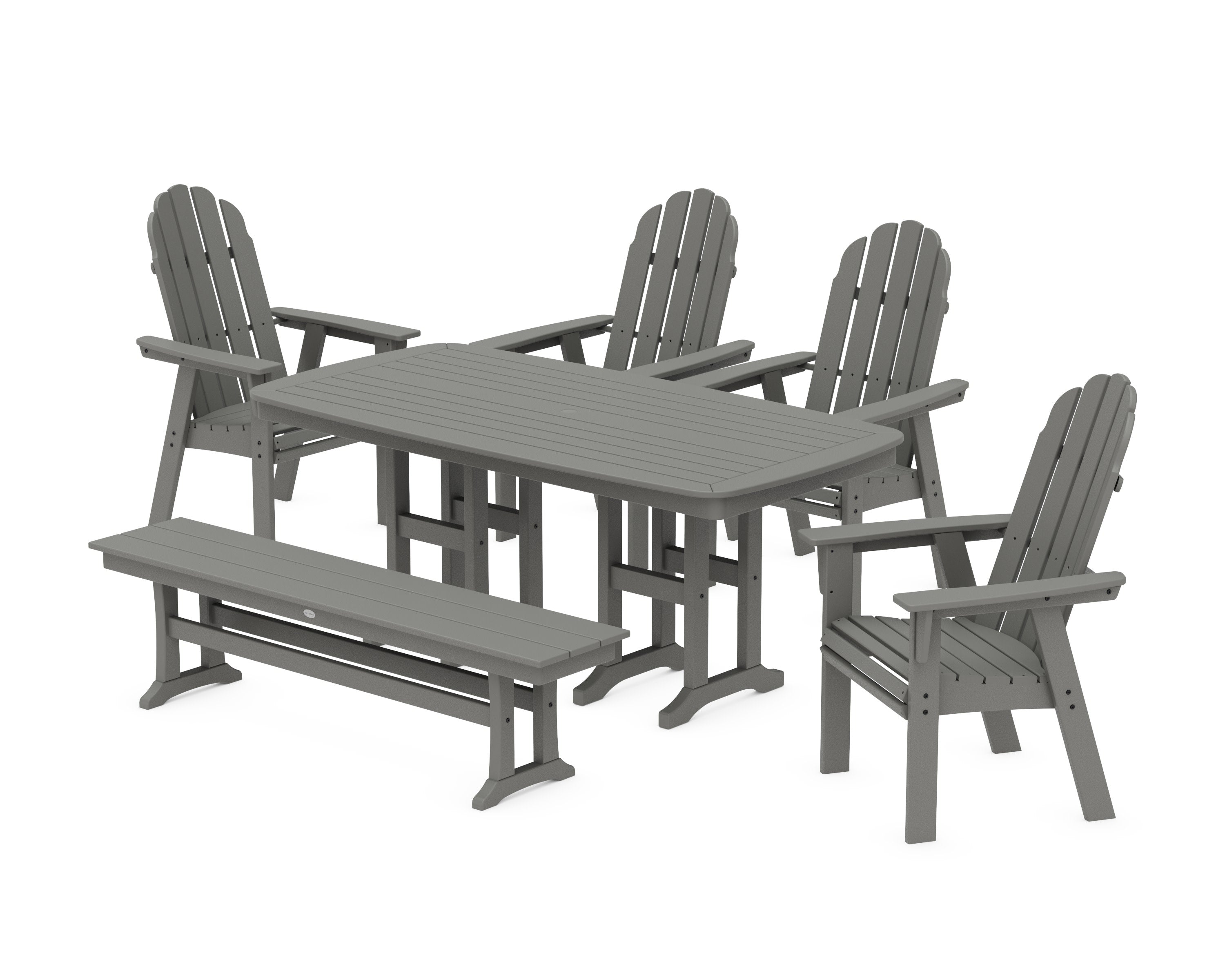 Vineyard Curveback Adirondack Chair 6-Piece Dining Set with Bench in Slate Grey