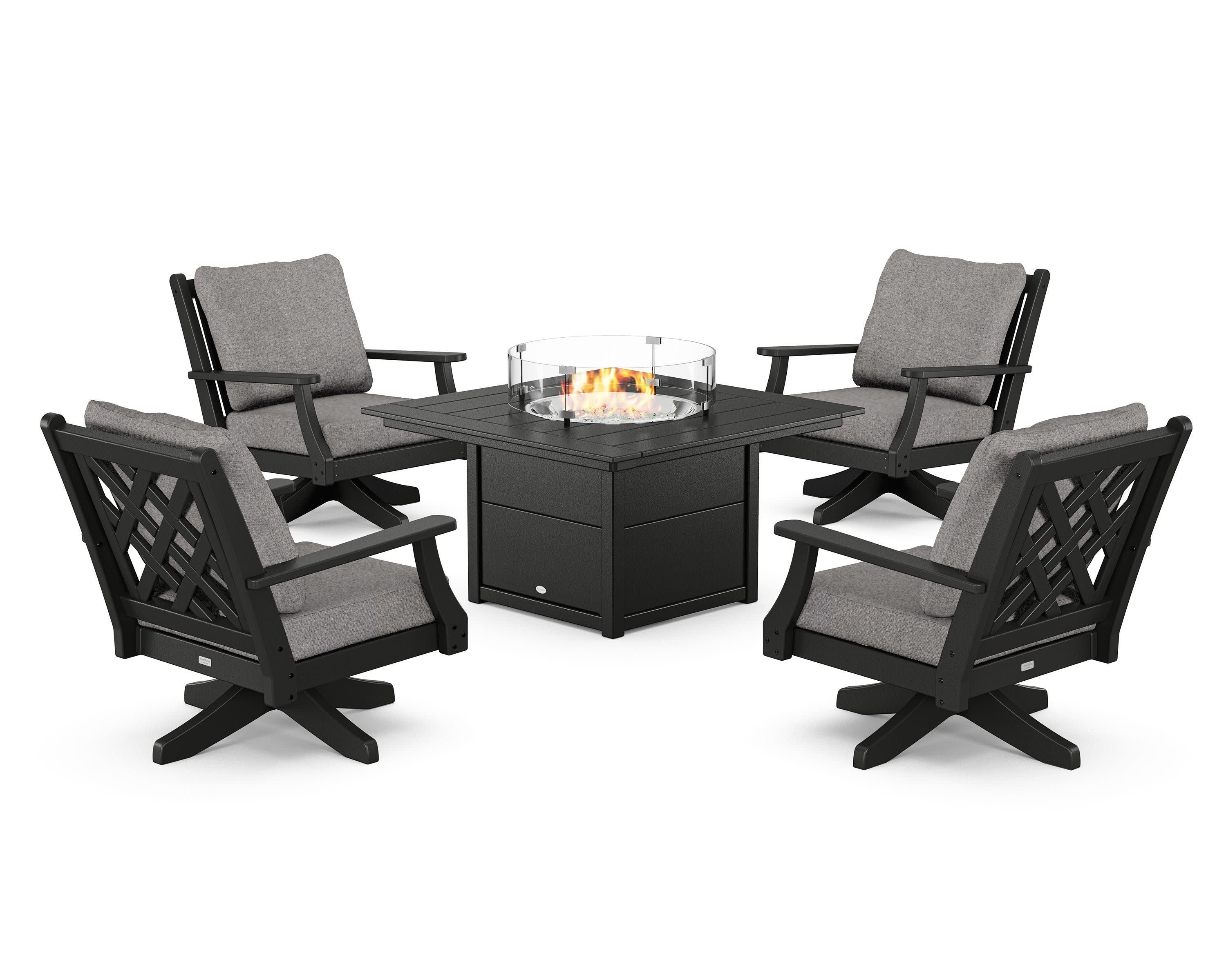 Wovendale 5-Piece Deep Seating Swivel Conversation Set with Fire Pit Table in Black / Grey Mist