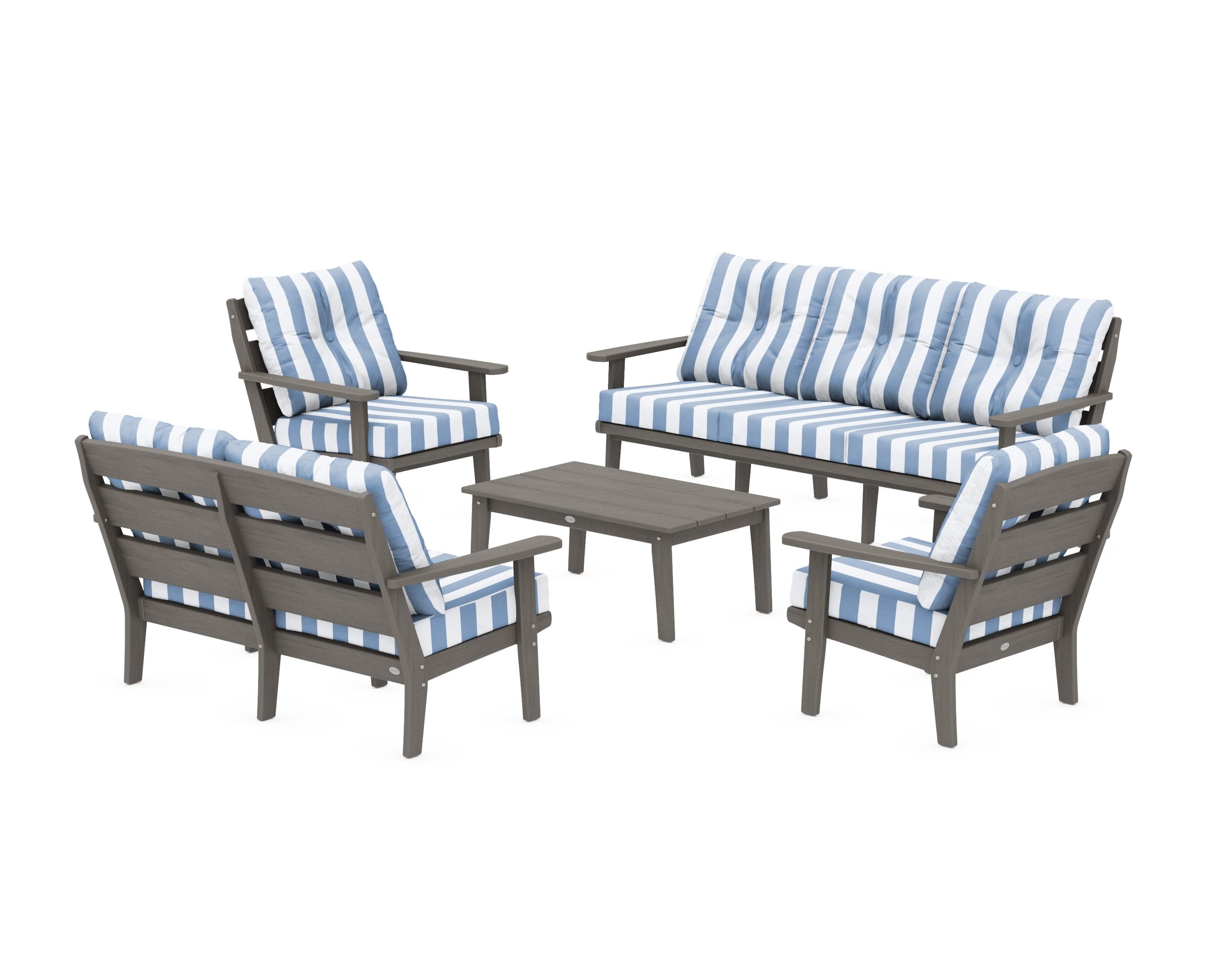 Lakeside 5-Piece Lounge Sofa Set in Driftwood / Cabana Stripe Sky Blue