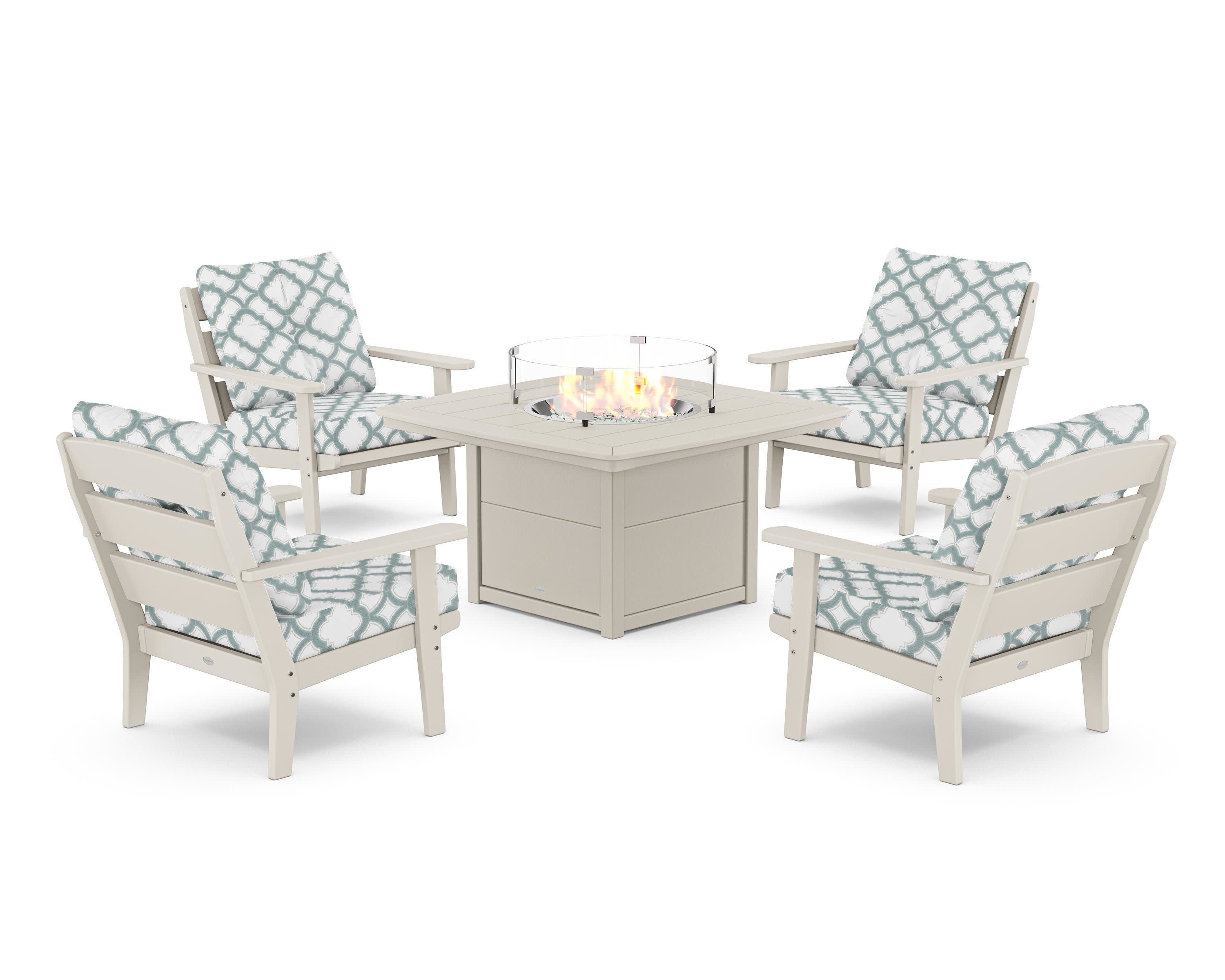 Lakeside 5-Piece Deep Seating Set with Nautical Fire Pit Table in Sand / Trellis Glacier Spa