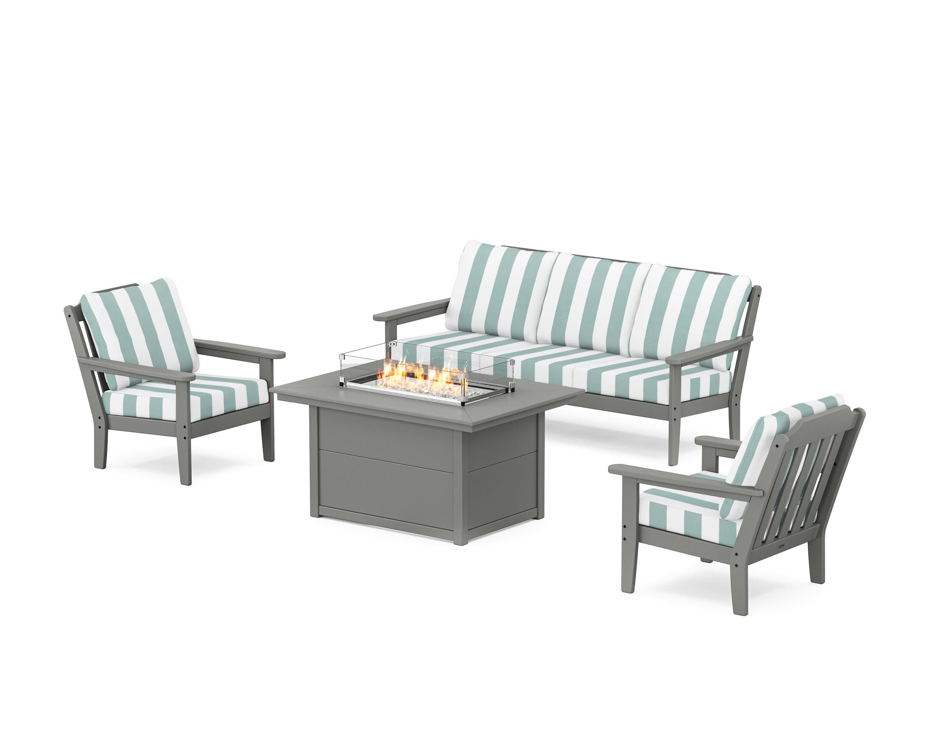 Cottage Deep Seating Fire Pit Table Set in Slate Grey / Cabana Stripe Glacier Spa
