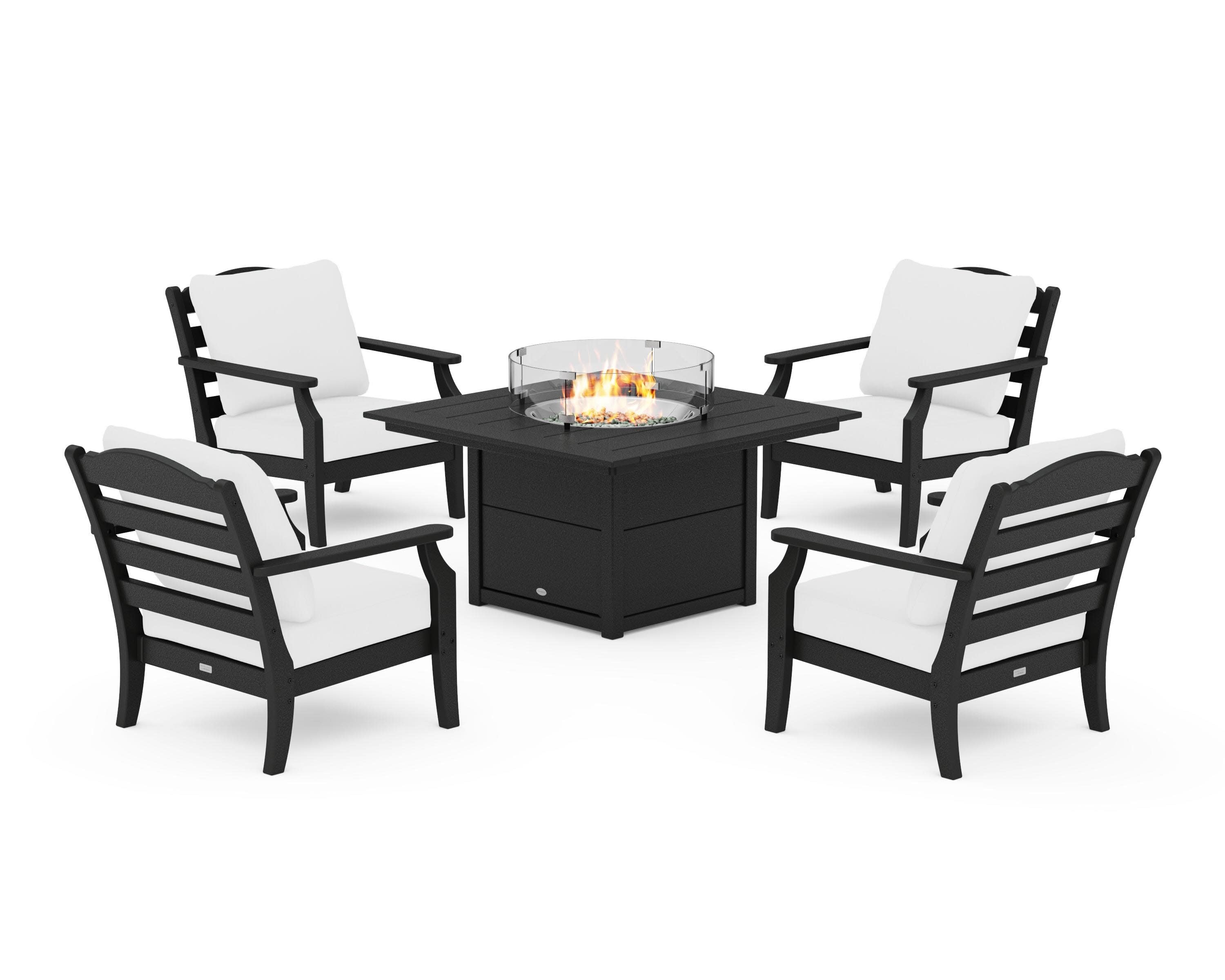 Savannah 5-Piece Deep Seating Set with Fire Pit Table in Black / Natural