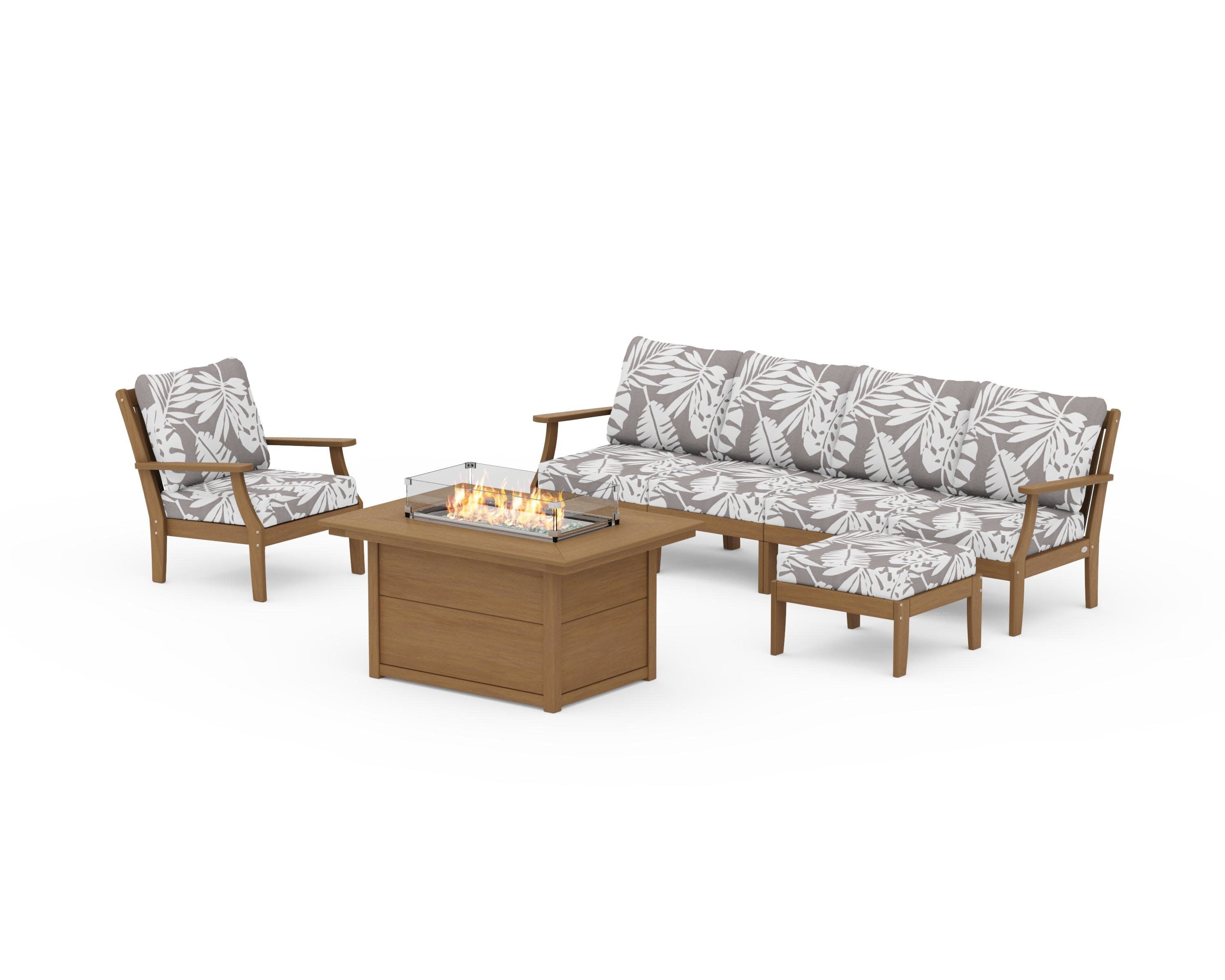 Braxton Sectional Lounge and Fire Pit Set in Natural / Leaf Grey Mist