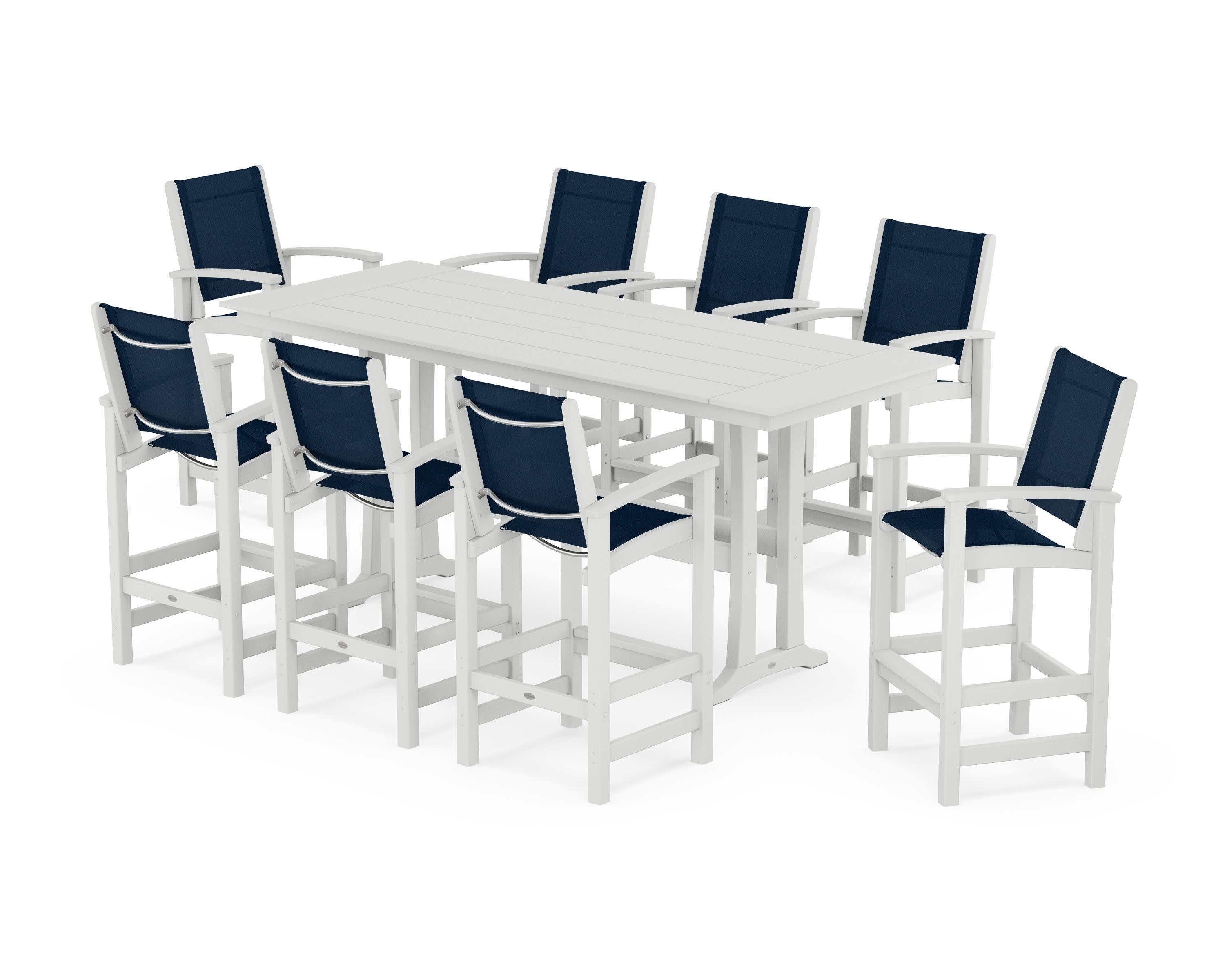 Coastal 9-Piece Farmhouse Bar Set with Trestle Legs in White / Navy Blue Sling
