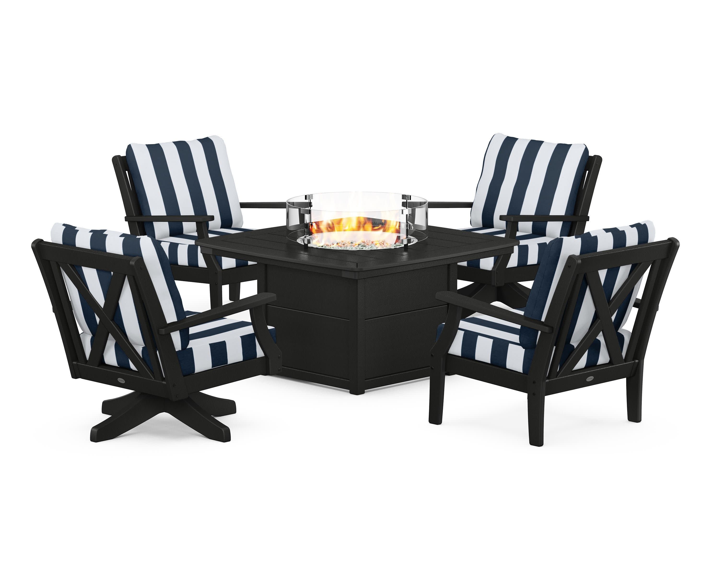Braxton 5-Piece Deep Seating Set with Fire Table in Black / Cabana Stripe Marine Indigo