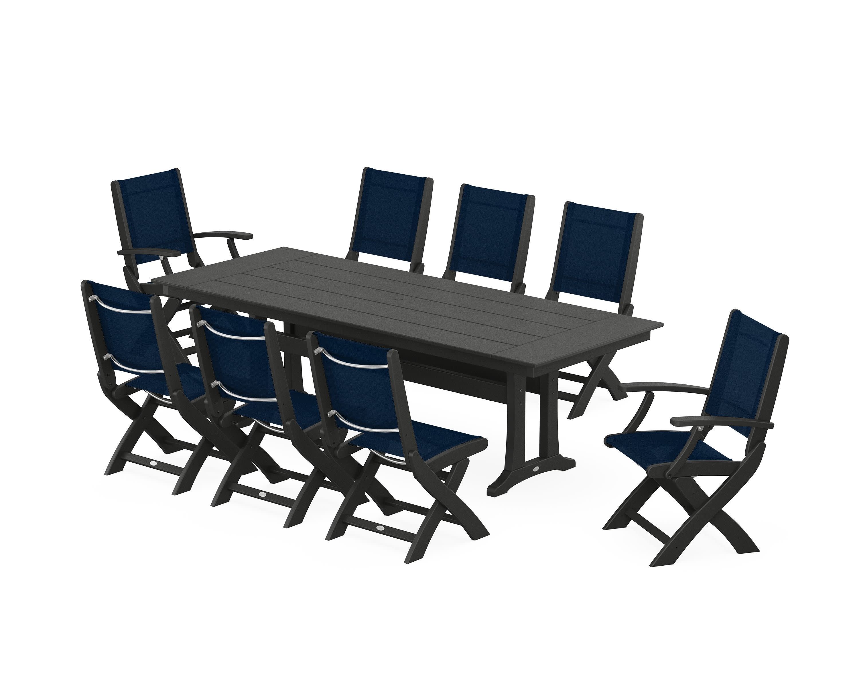 Coastal 9-Piece Folding Dining Chair Farmhouse Dining Set with Trestle Legs in Black / Navy Blue Sling