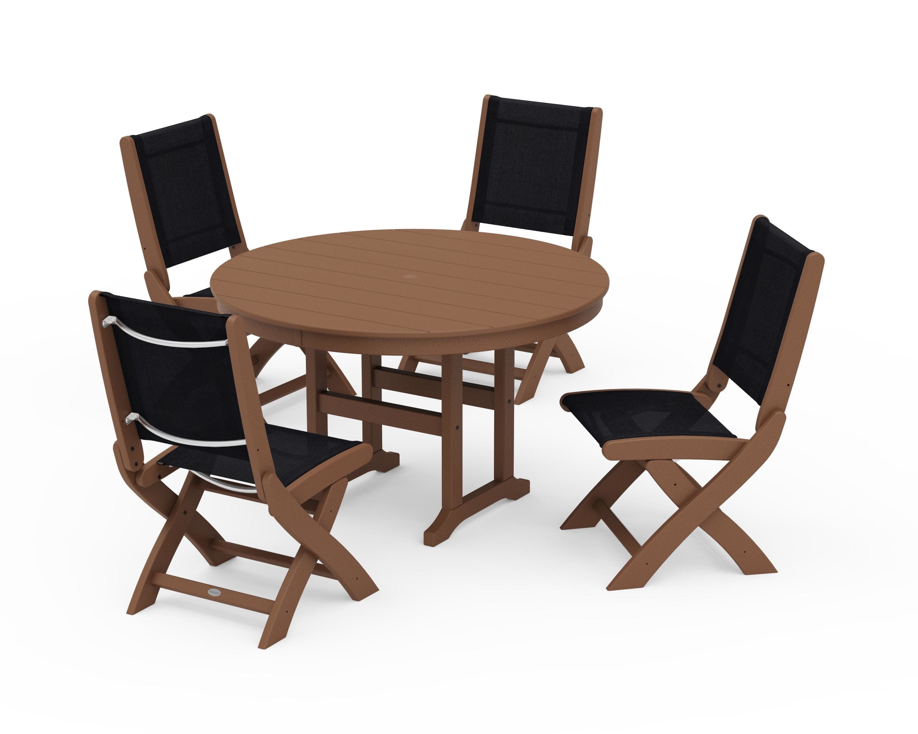 Coastal Folding Side Chair 5-Piece Round Dining Set in Teak / Black Sling