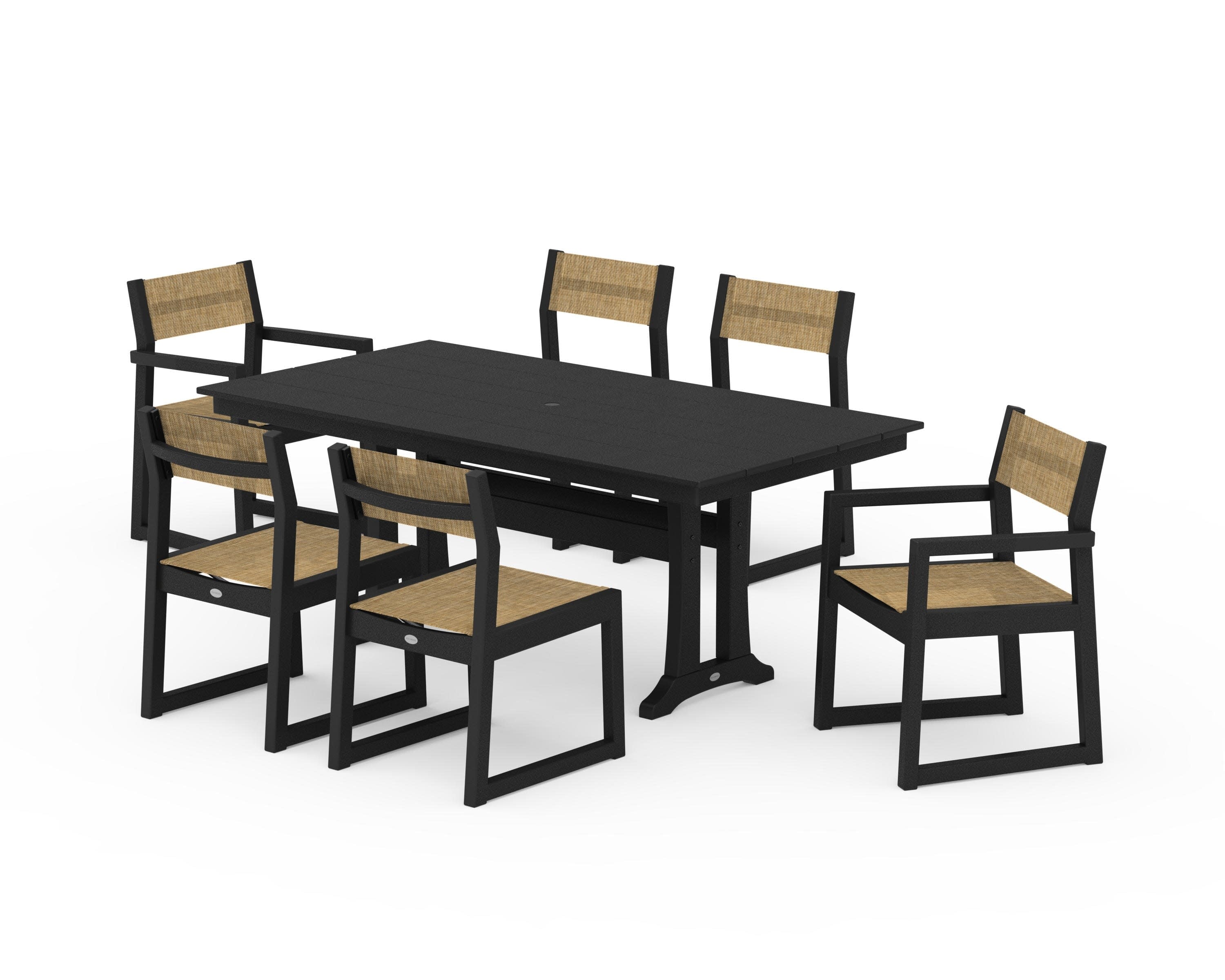 EDGE Sling 7-Piece Farmhouse Trestle Dining Set in Black / Burlap Sling