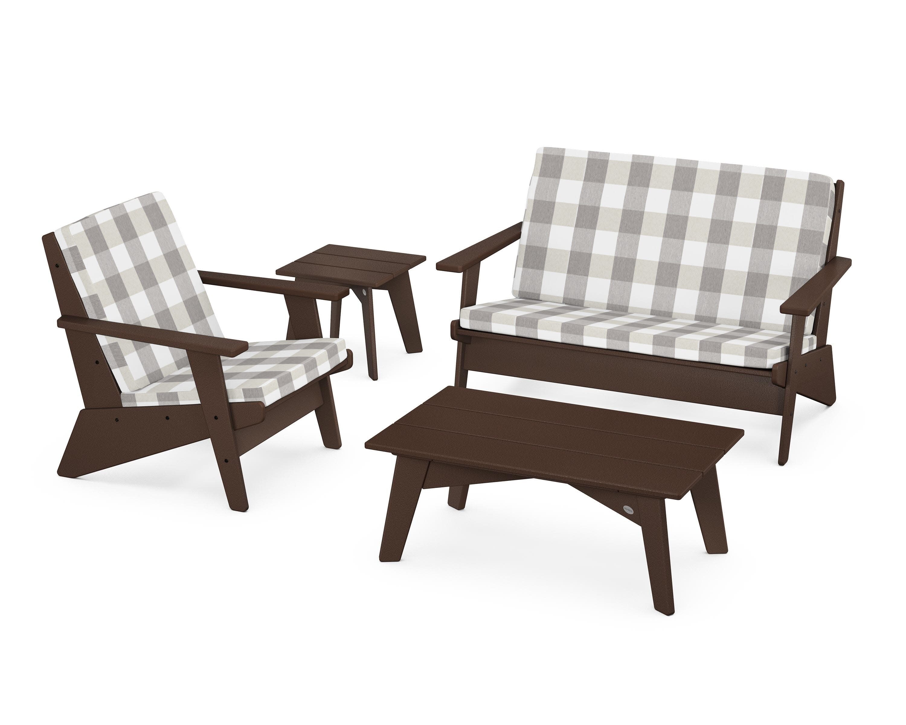 Riviera Modern Lounge 4-Piece Set in Mahogany / Buffalo Plaid Grey Mist