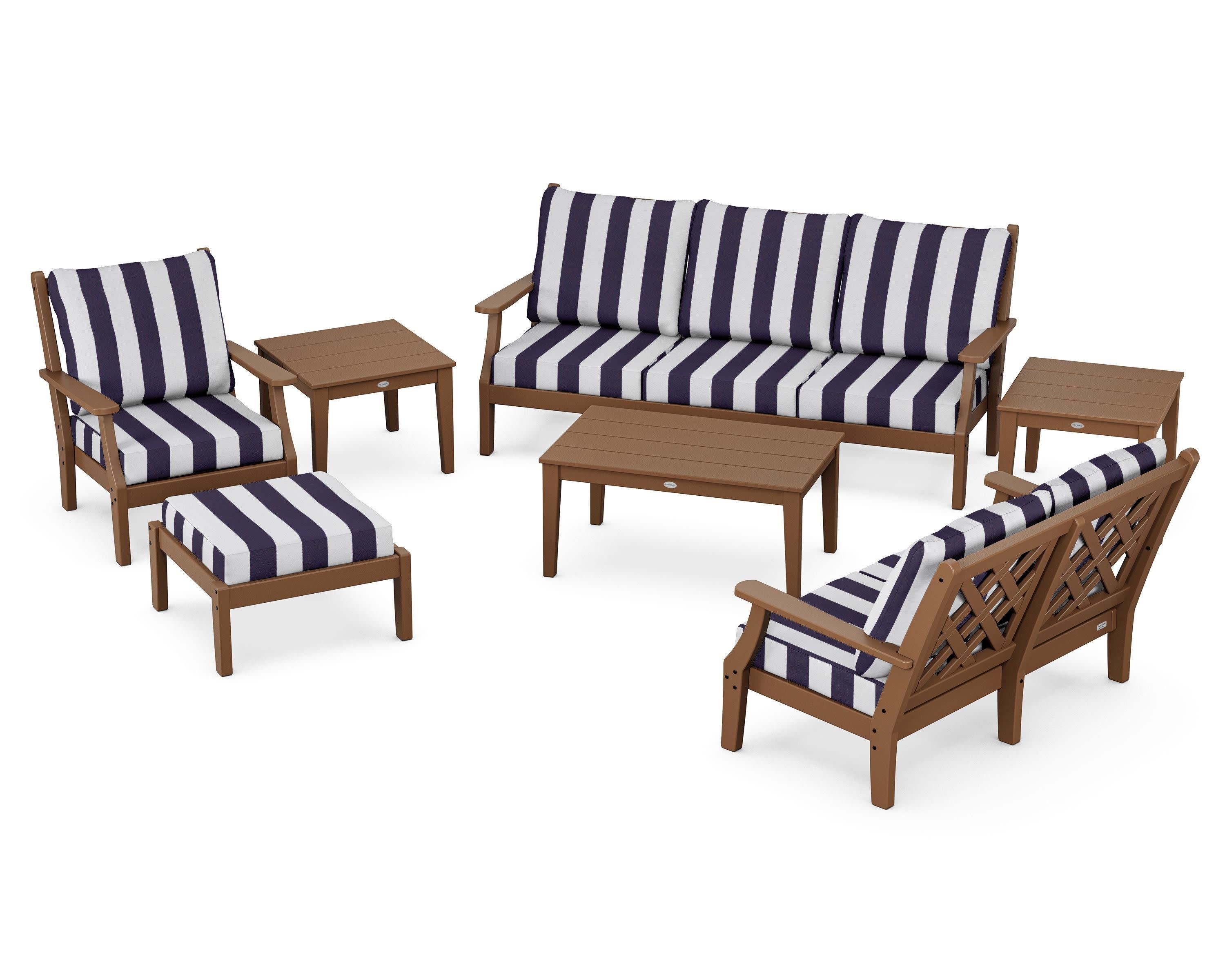 Wovendale 7-Piece Deep Seating Set in Teak / Cabana Stripe Navy