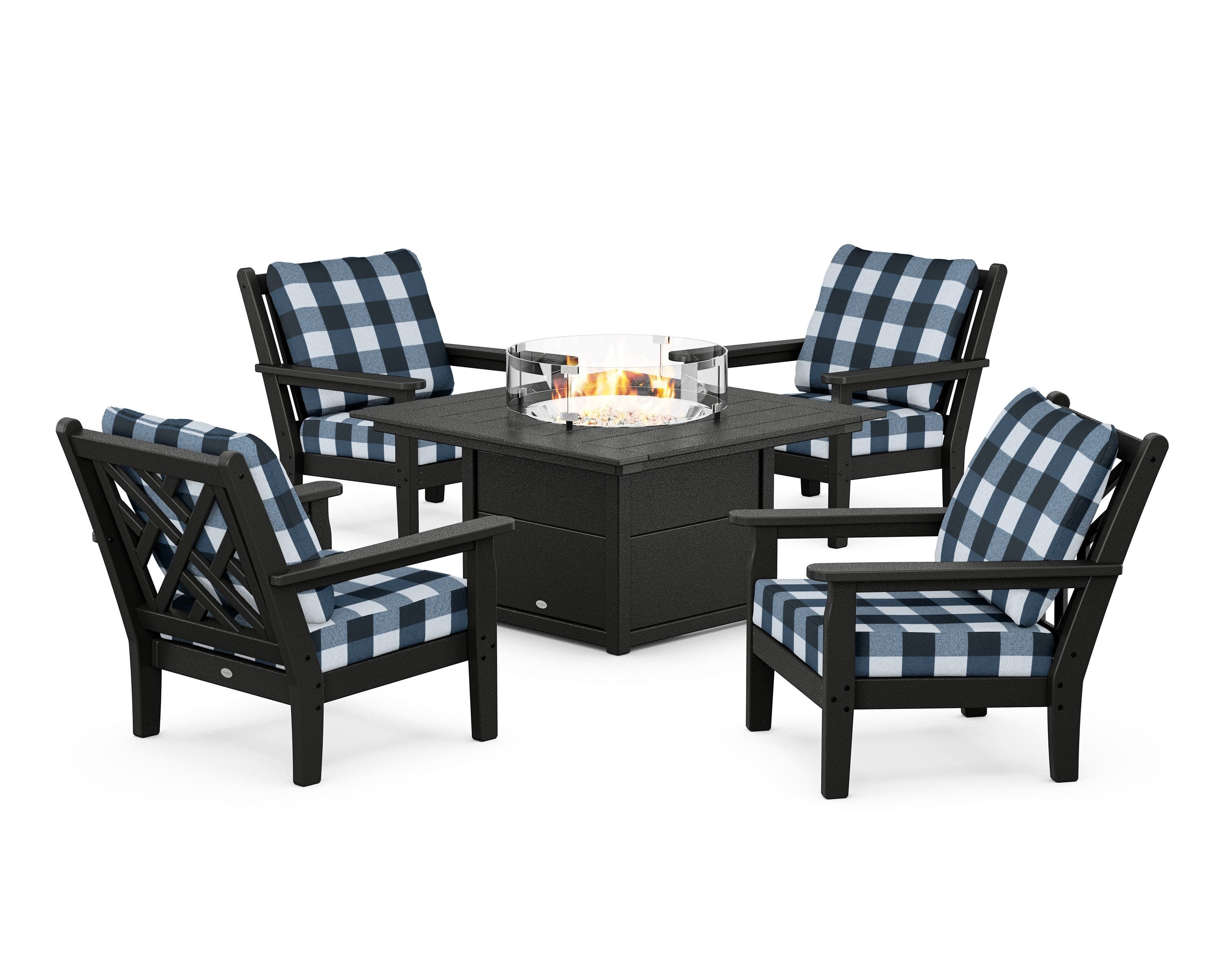 Chippendale 5-Piece Deep Seating Set with Fire Pit Table in Black / Buffalo Plaid Marine Indigo