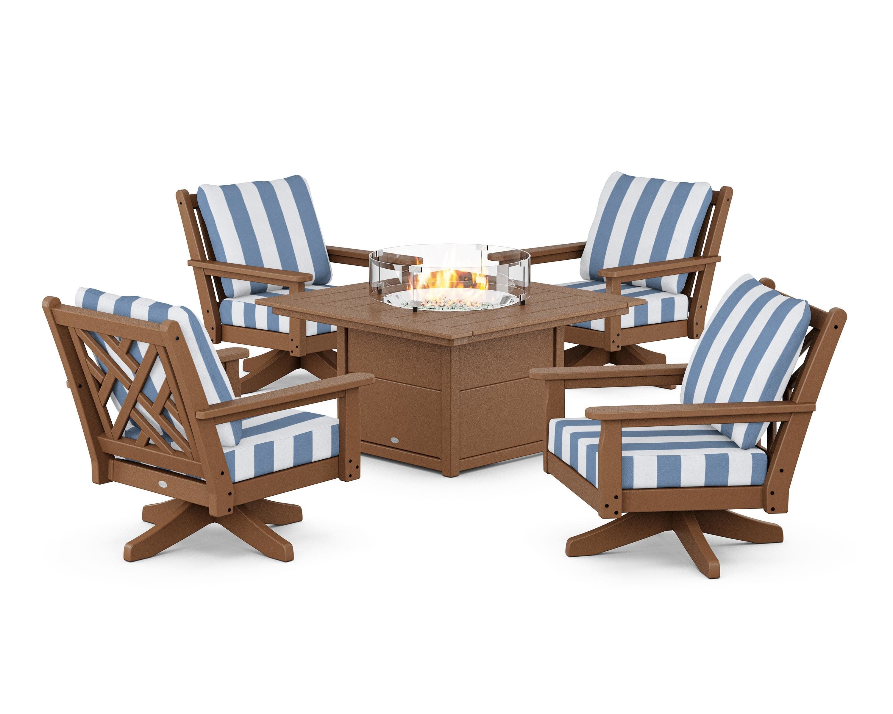 Chippendale 5-Piece Deep Seating Swivel Conversation Set with Fire Pit Table in Teak / Cabana Stripe Sky Blue