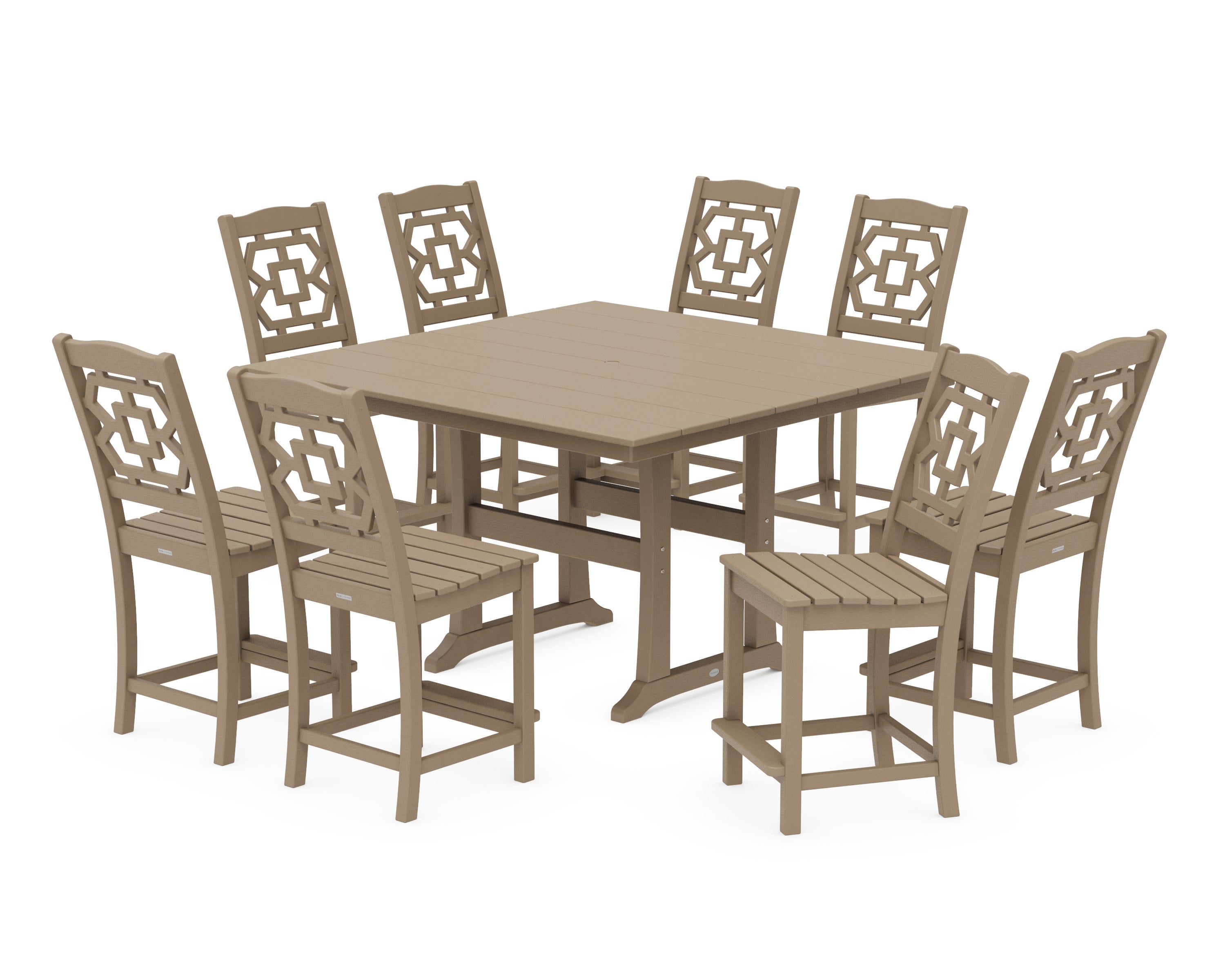 Chinoiserie 9-Piece Square Farmhouse Side Chair Counter Set with Trestle Legs in Vintage Sahara