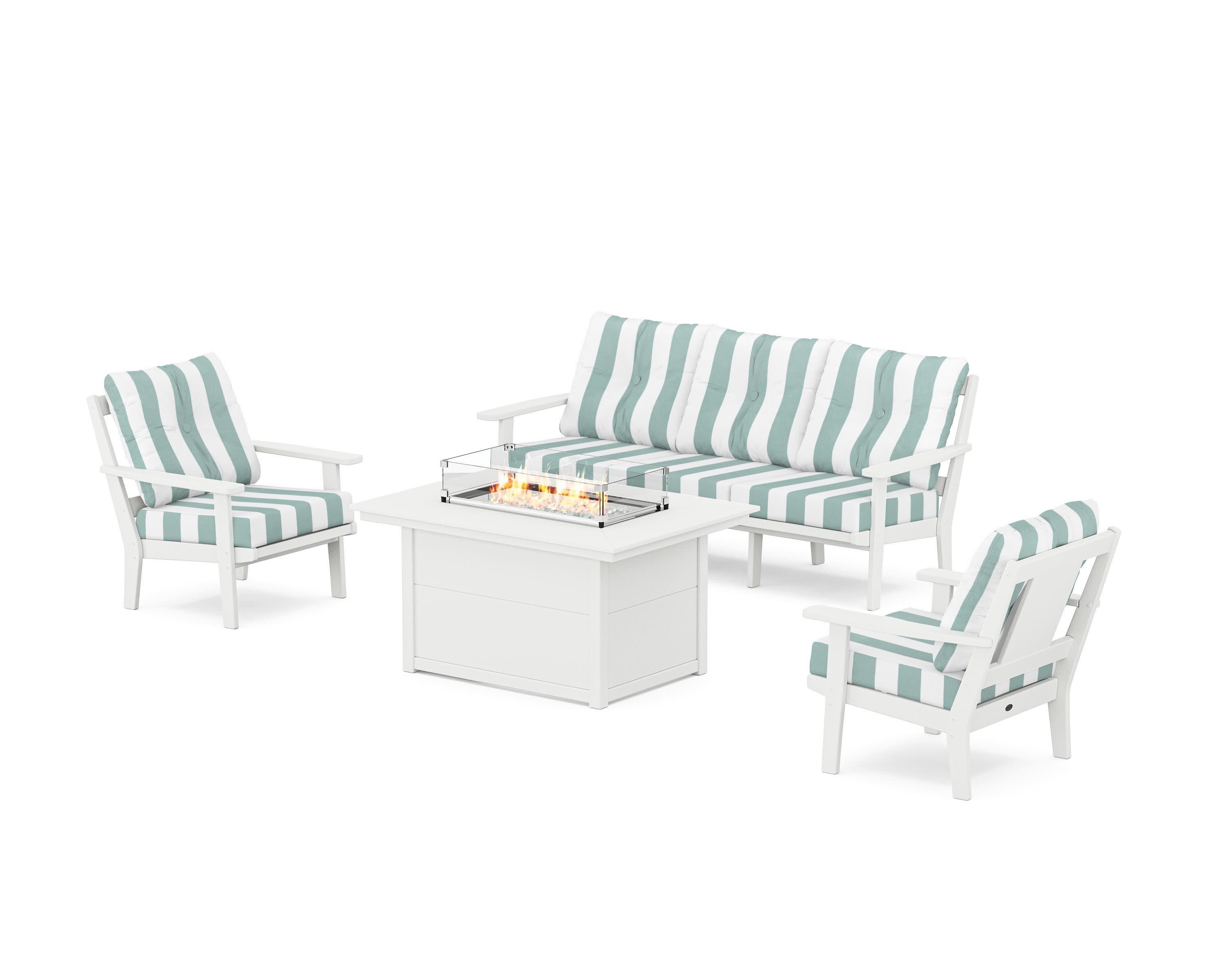 Prairie Deep Seating Fire Pit Table Set in White / Cabana Stripe Glacier Spa