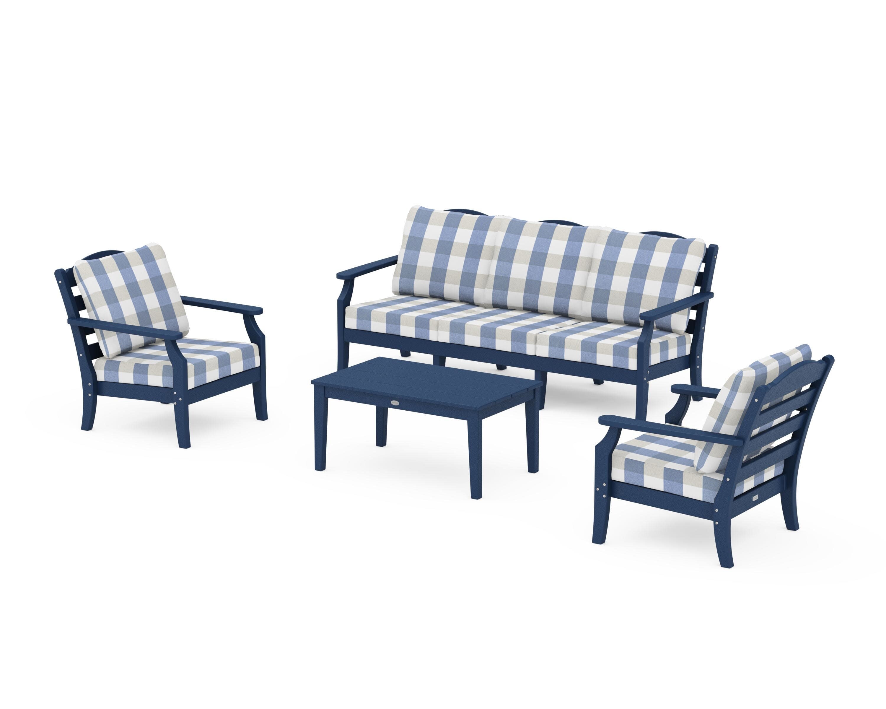 Savannah 4-Piece Deep Seating Set with Sofa in Navy / Buffalo Plaid Sky Blue