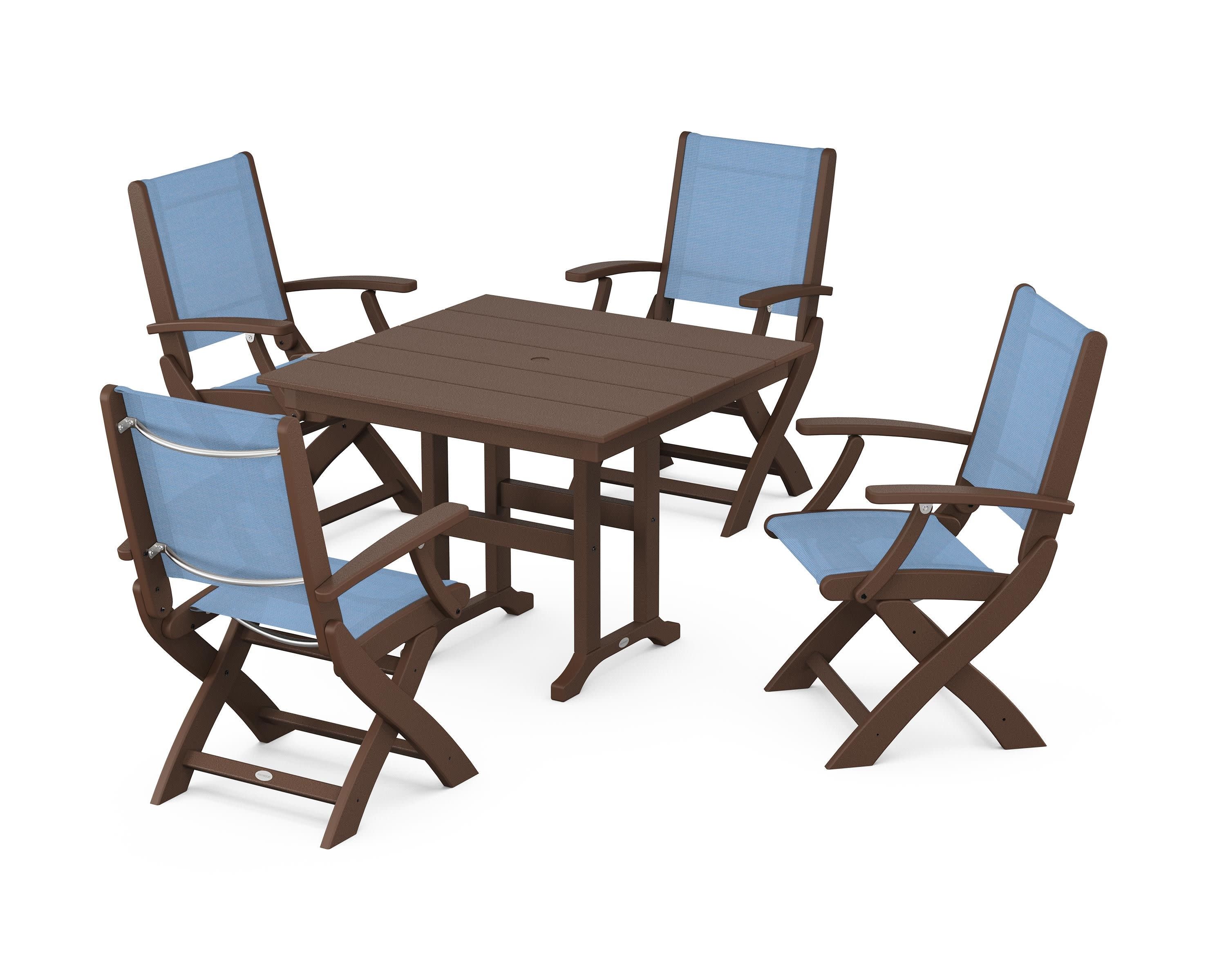 Coastal Folding Chair 5-Piece Farmhouse Dining Set in Mahogany / Poolside Sling