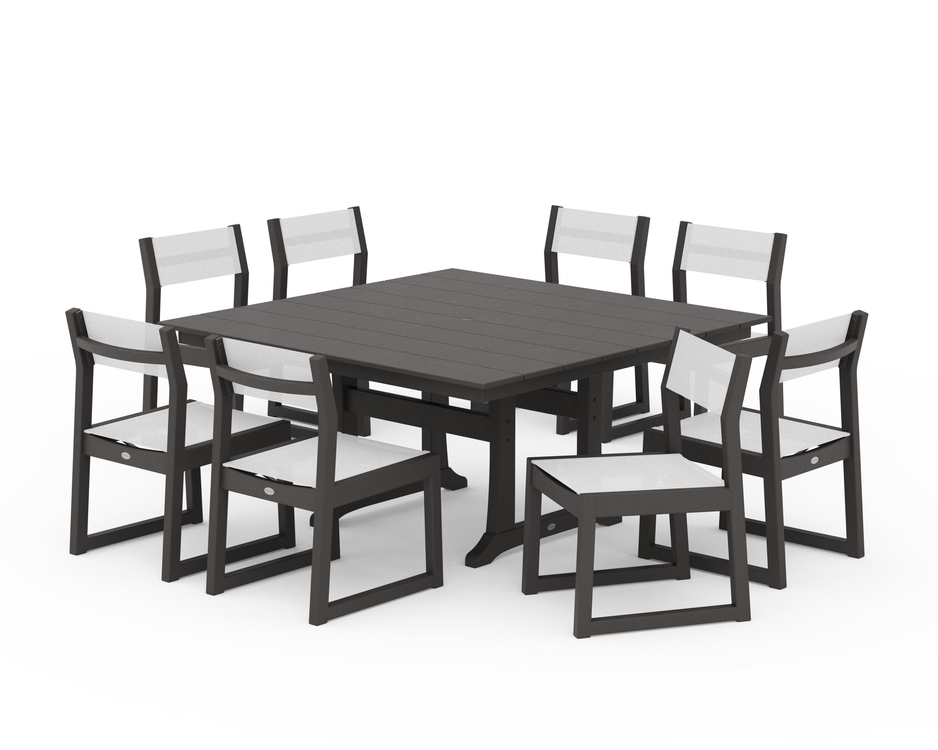 EDGE Sling Side Chair 9-Piece Farmhouse Trestle Dining Set in Vintage Coffee / White Sling