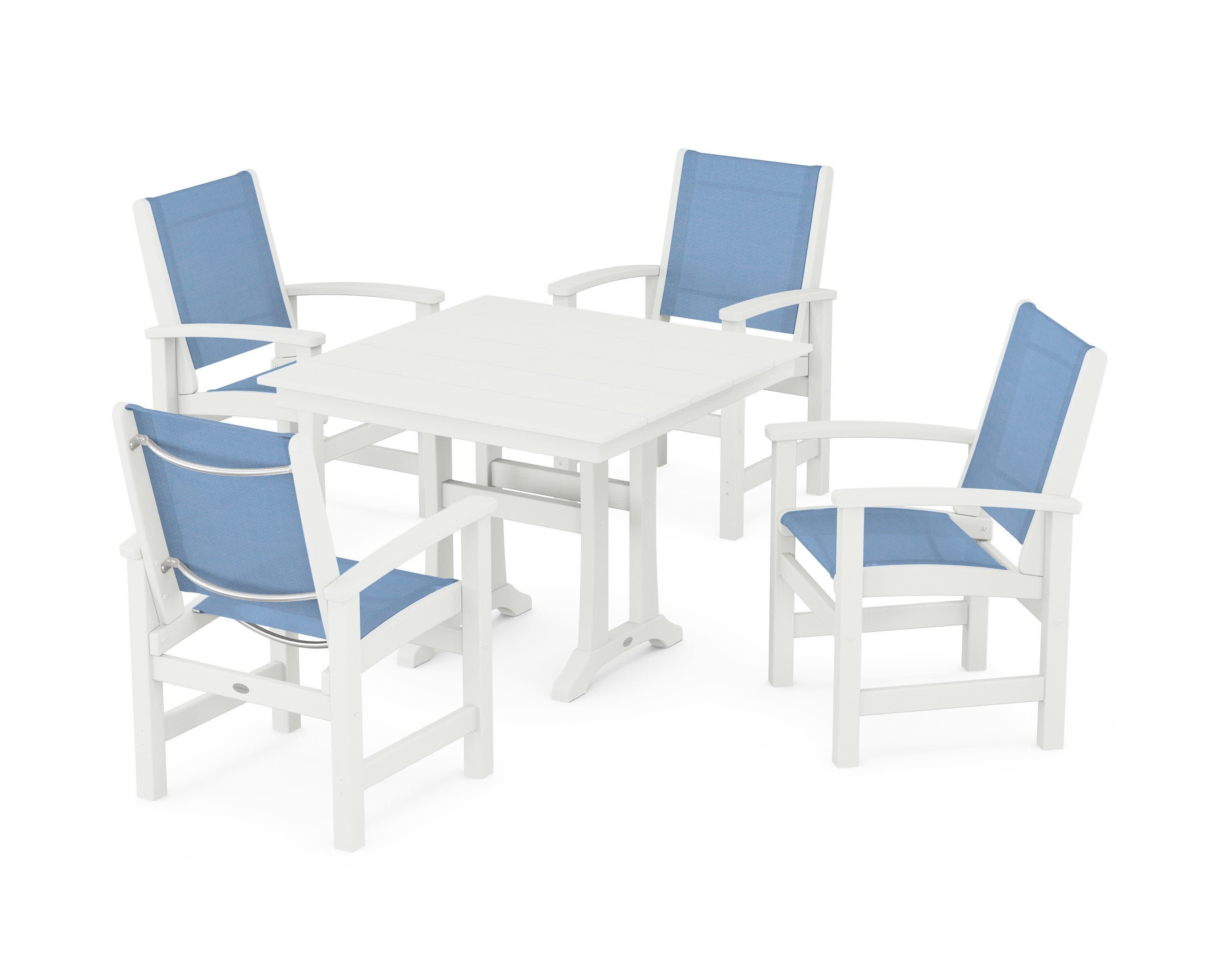 Coastal 5-Piece Farmhouse Dining Set With Trestle Legs in Vintage White / Poolside Sling
