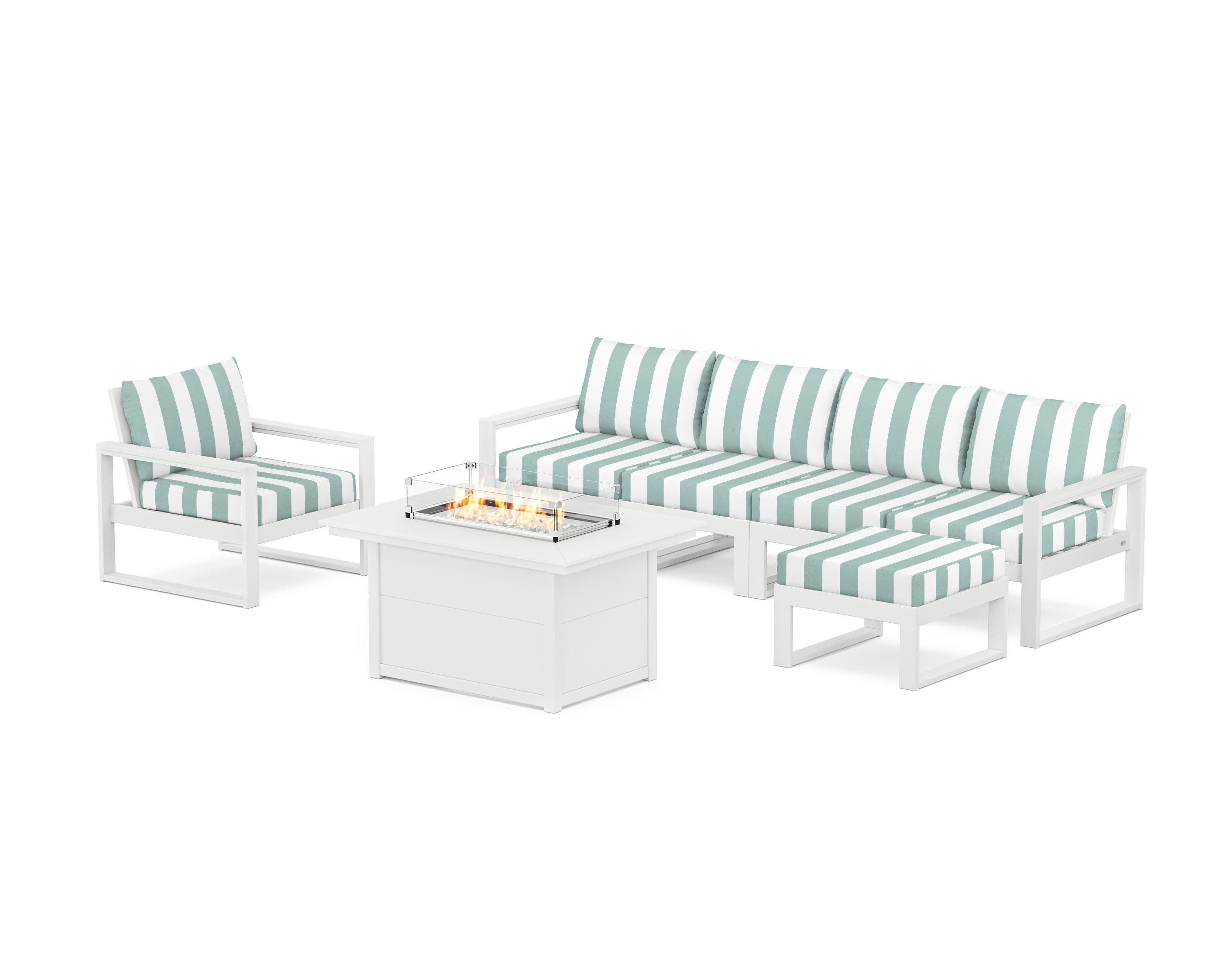 EDGE Sectional Lounge and Fire Pit Set in White / Cabana Stripe Glacier Spa