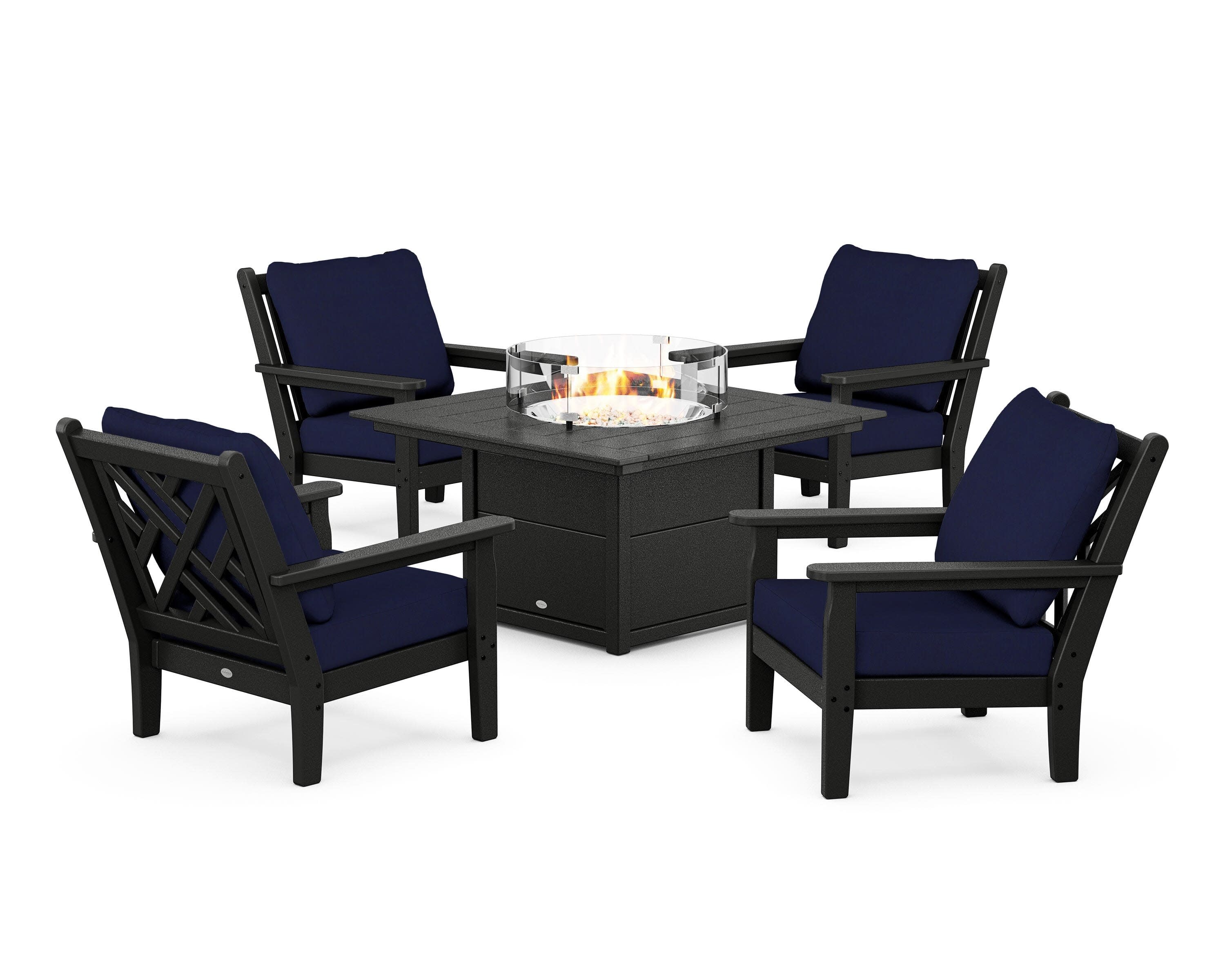 Chippendale 5-Piece Deep Seating Set with Fire Pit Table in Black / Navy