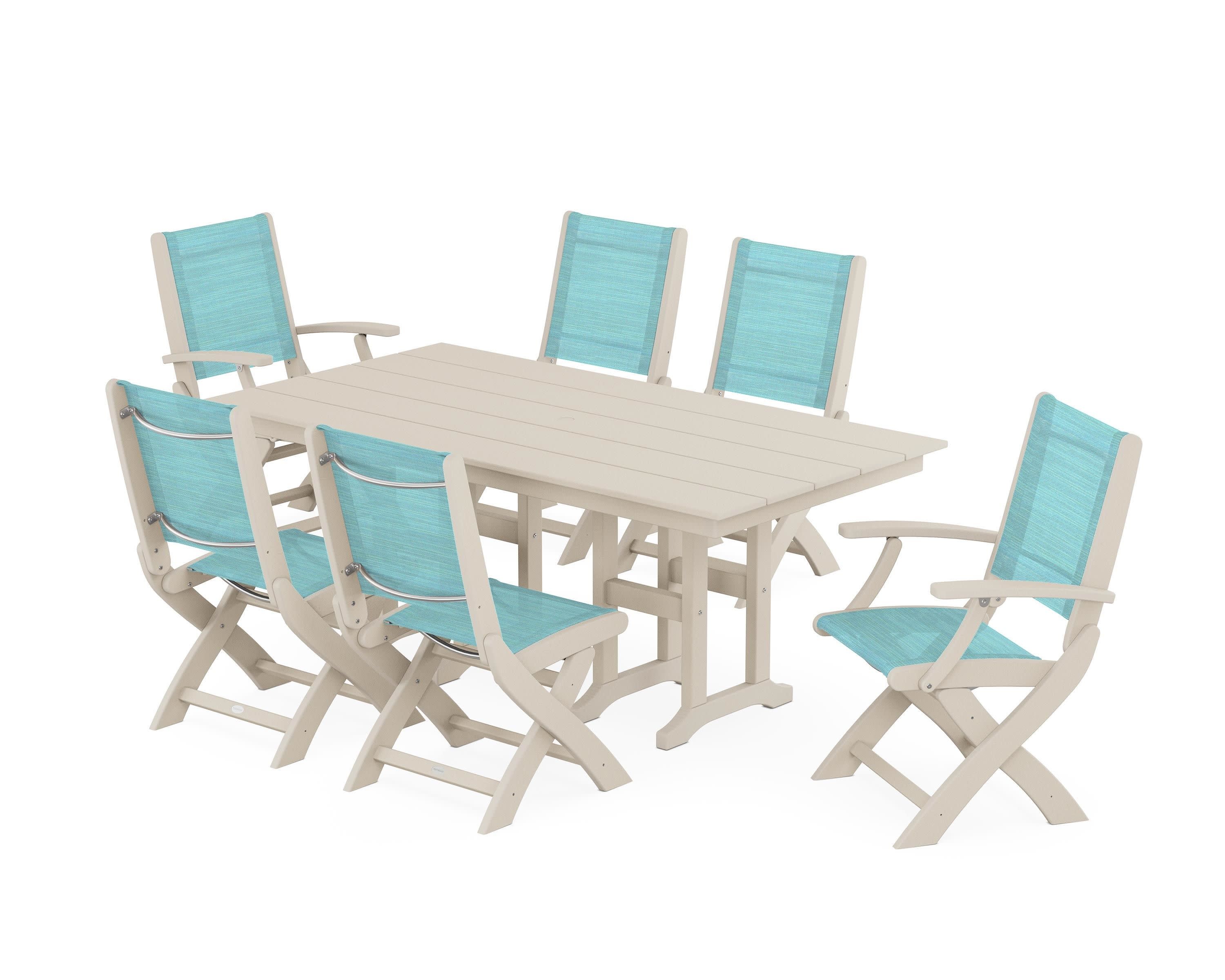 Coastal Folding Chair 7-Piece Farmhouse Dining Set in Sand / Dupioni Aquamarine Sling