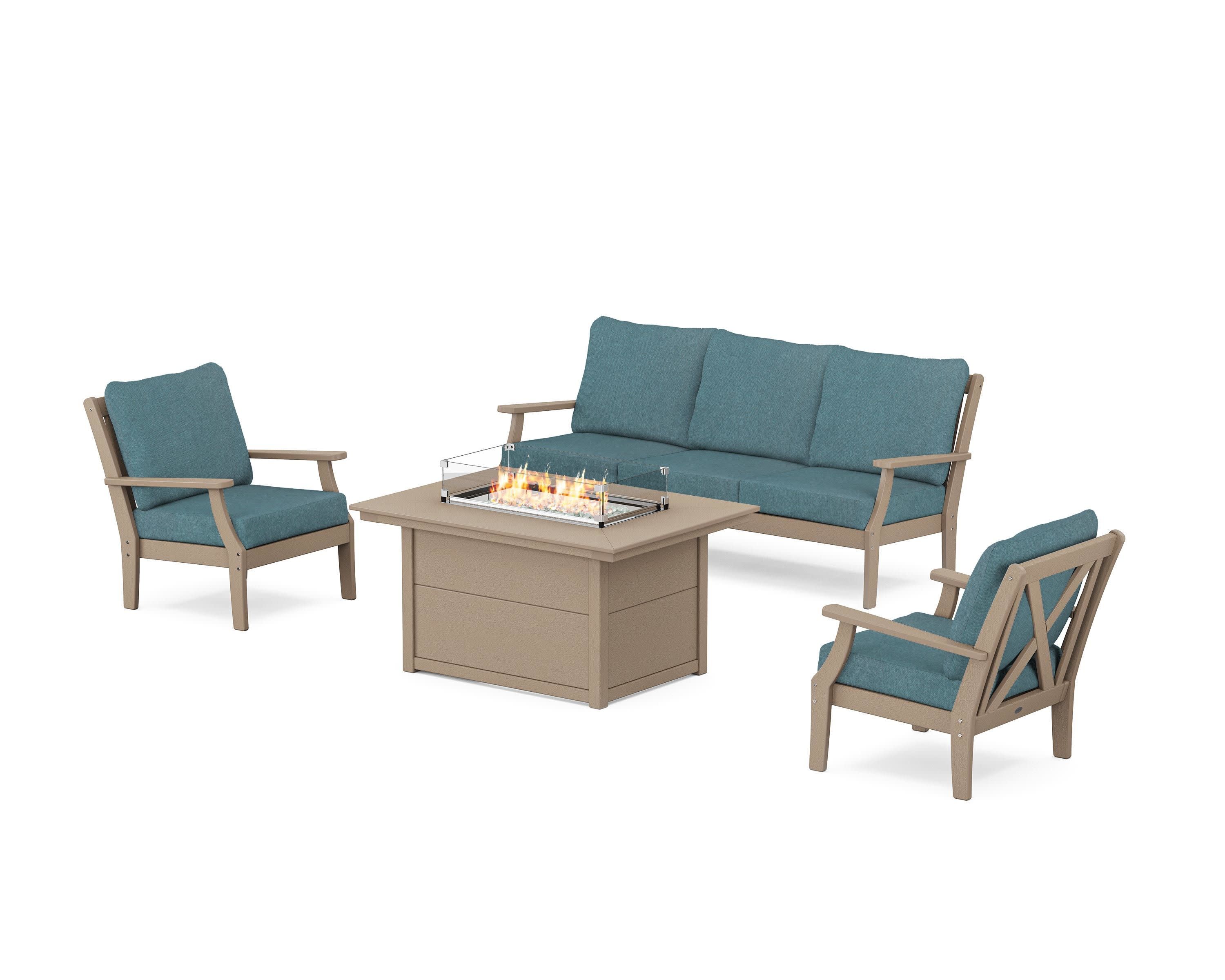 Braxton Deep Seating Fire Pit Table Set in Vintage Sahara / Ocean Teal