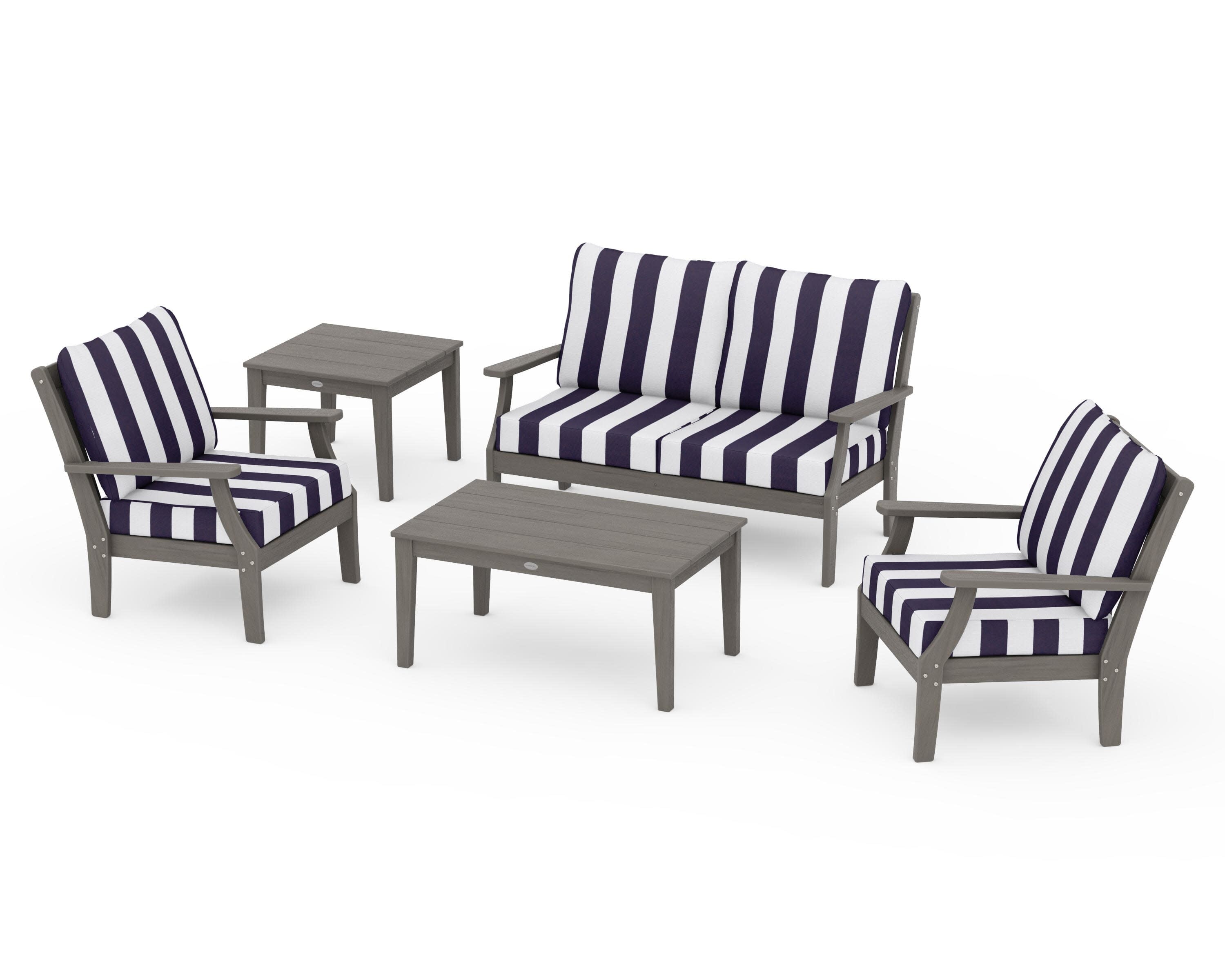 Braxton 5-Piece Deep Seating Set in Driftwood / Cabana Stripe Navy