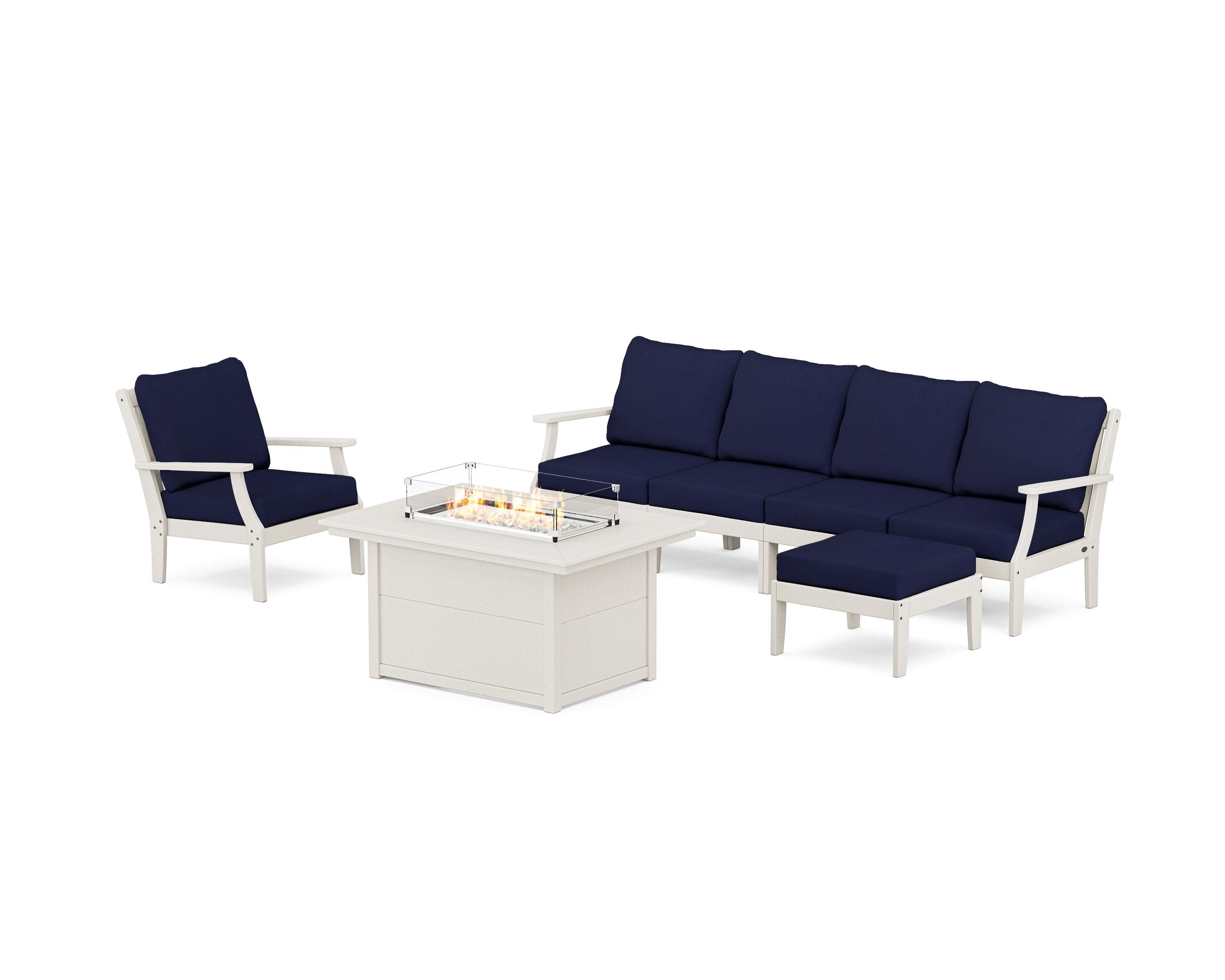 Braxton Sectional Lounge and Fire Pit Set in Sand / Navy