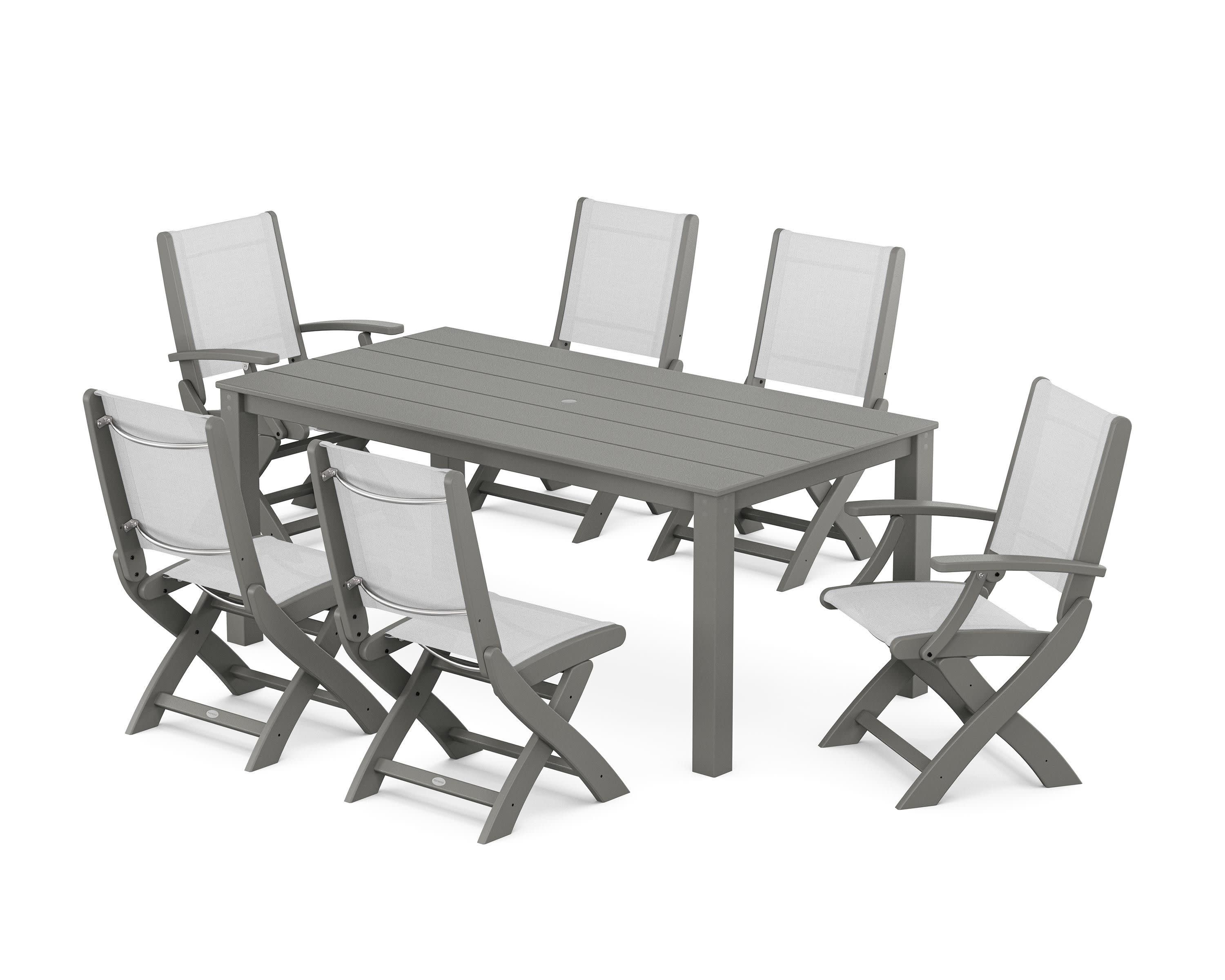 Coastal Folding Chair 7-Piece Parsons Dining Set in Slate Grey / White Sling