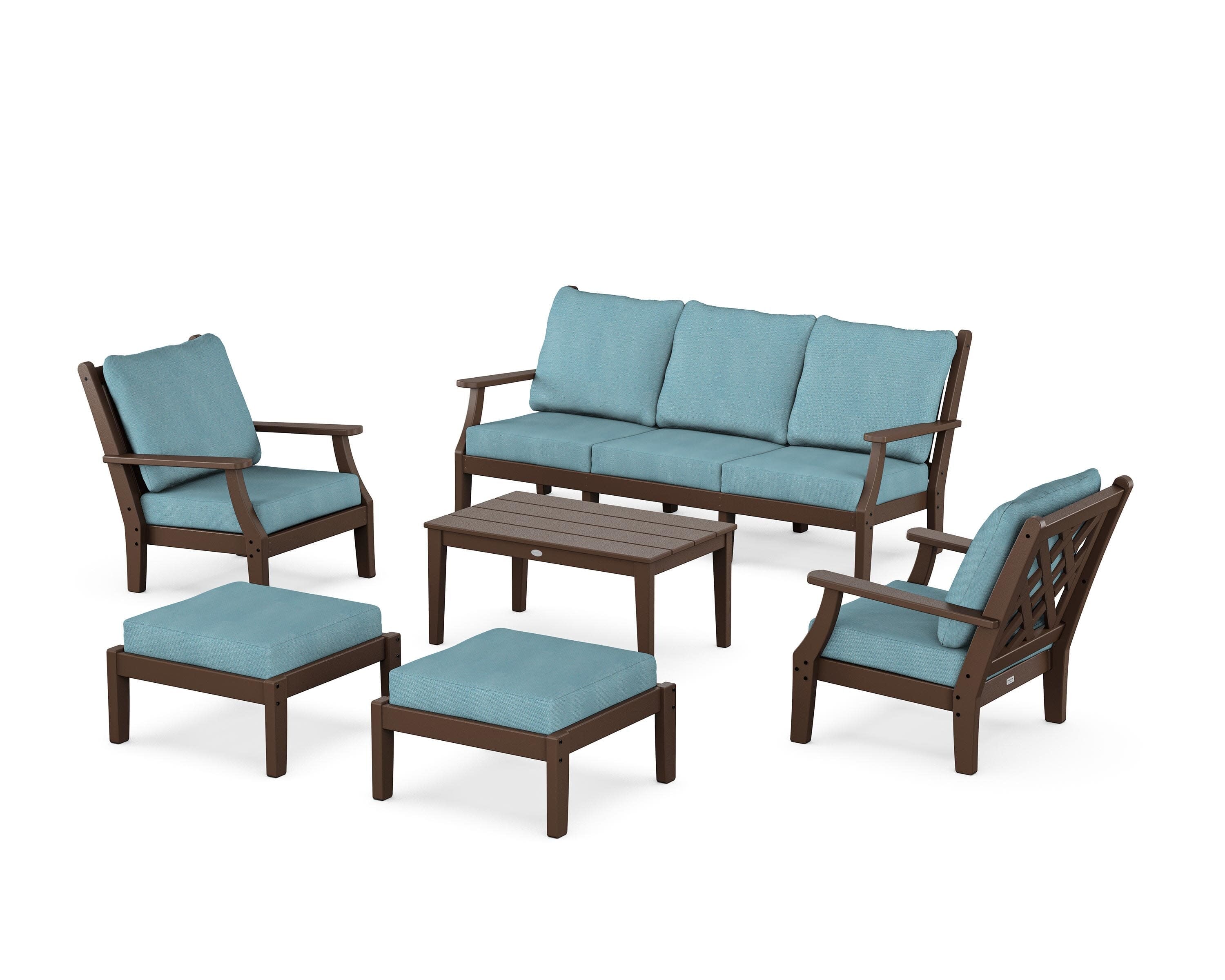 Wovendale 6-Piece Lounge Sofa Set in Mahogany / Lattice Sky Blue