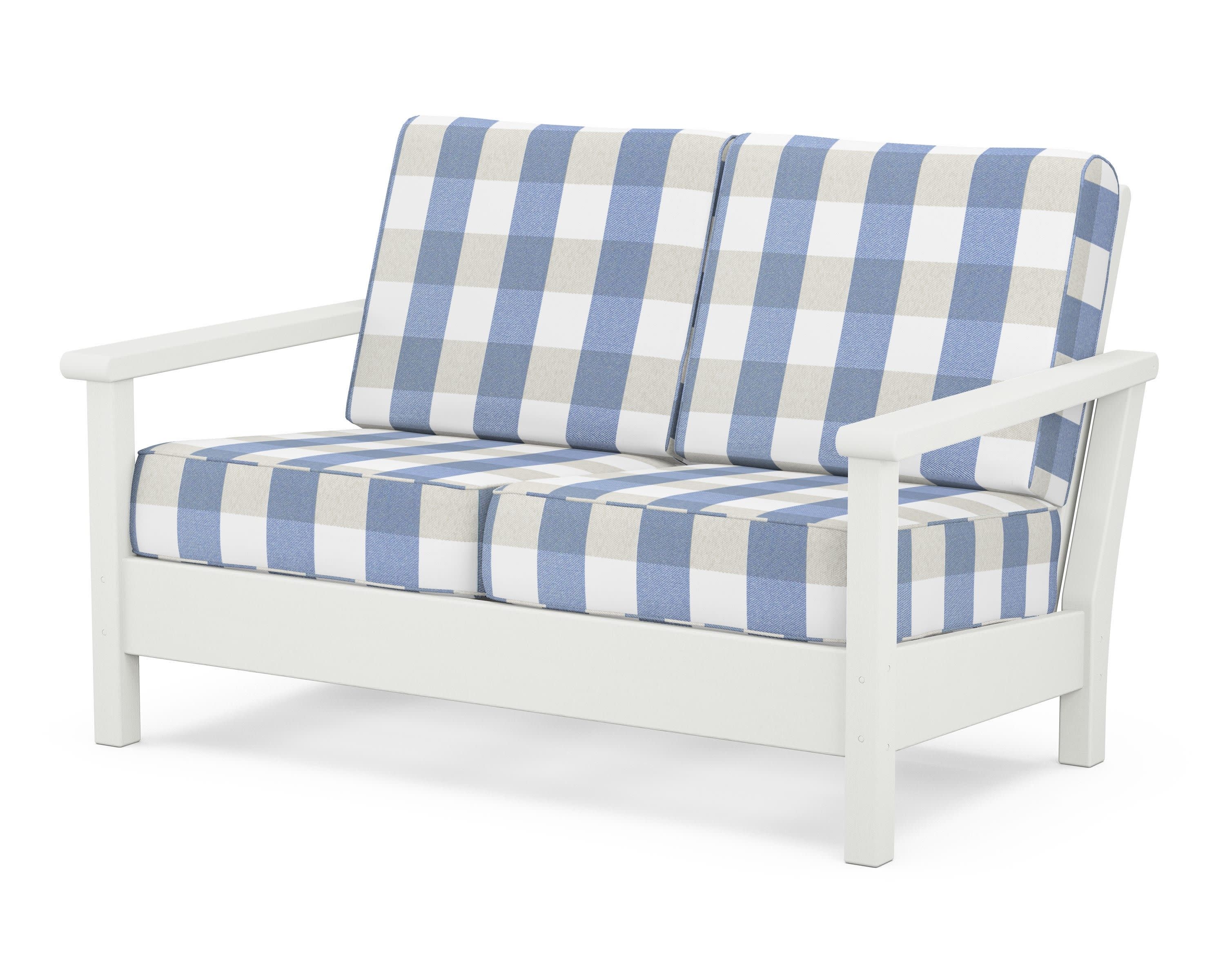 Harbour Deep Seating Loveseat in Vintage White / Buffalo Plaid Sky Blue