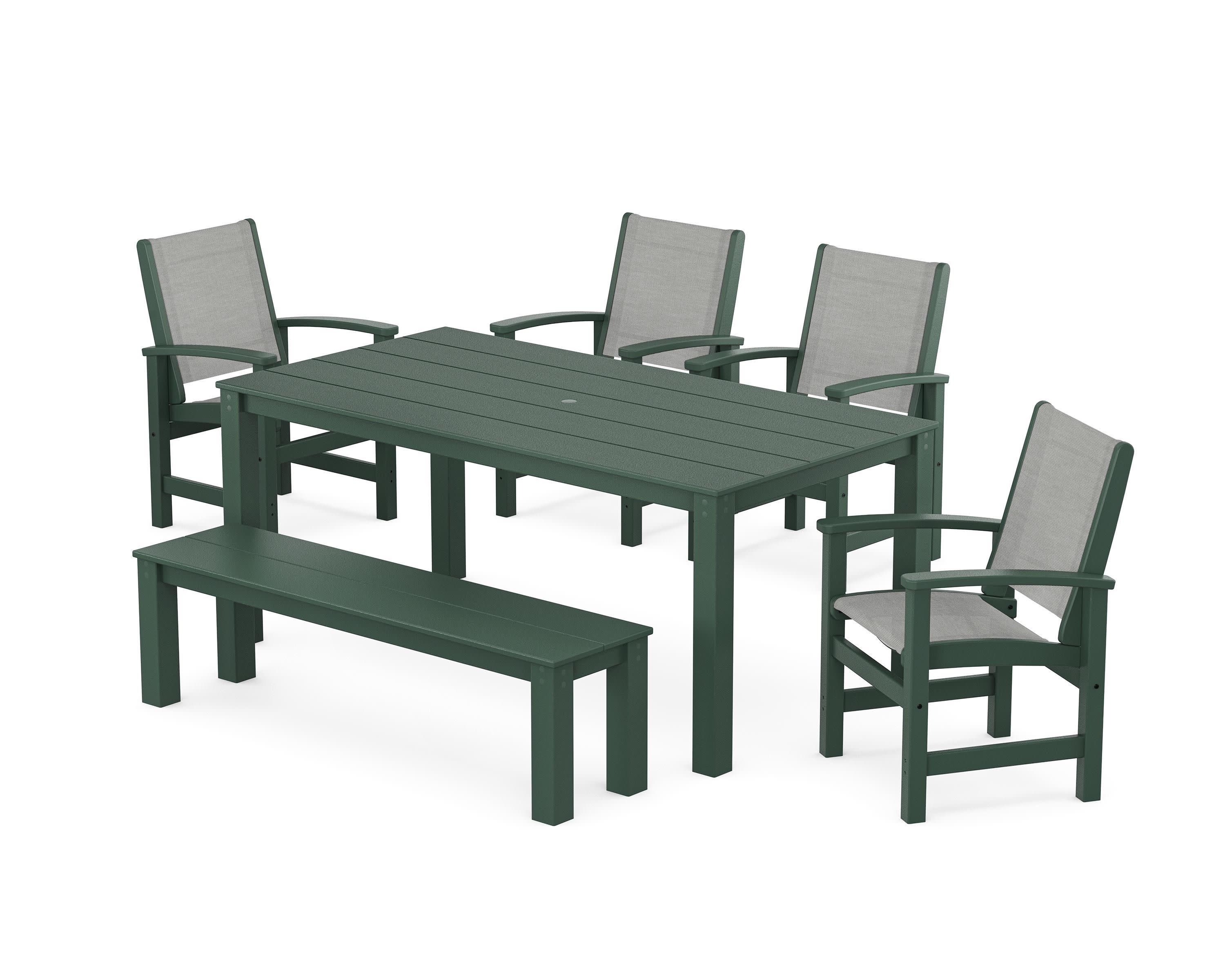 Coastal 6-Piece Parsons Dining Set with Bench in Green / Metallic Sling