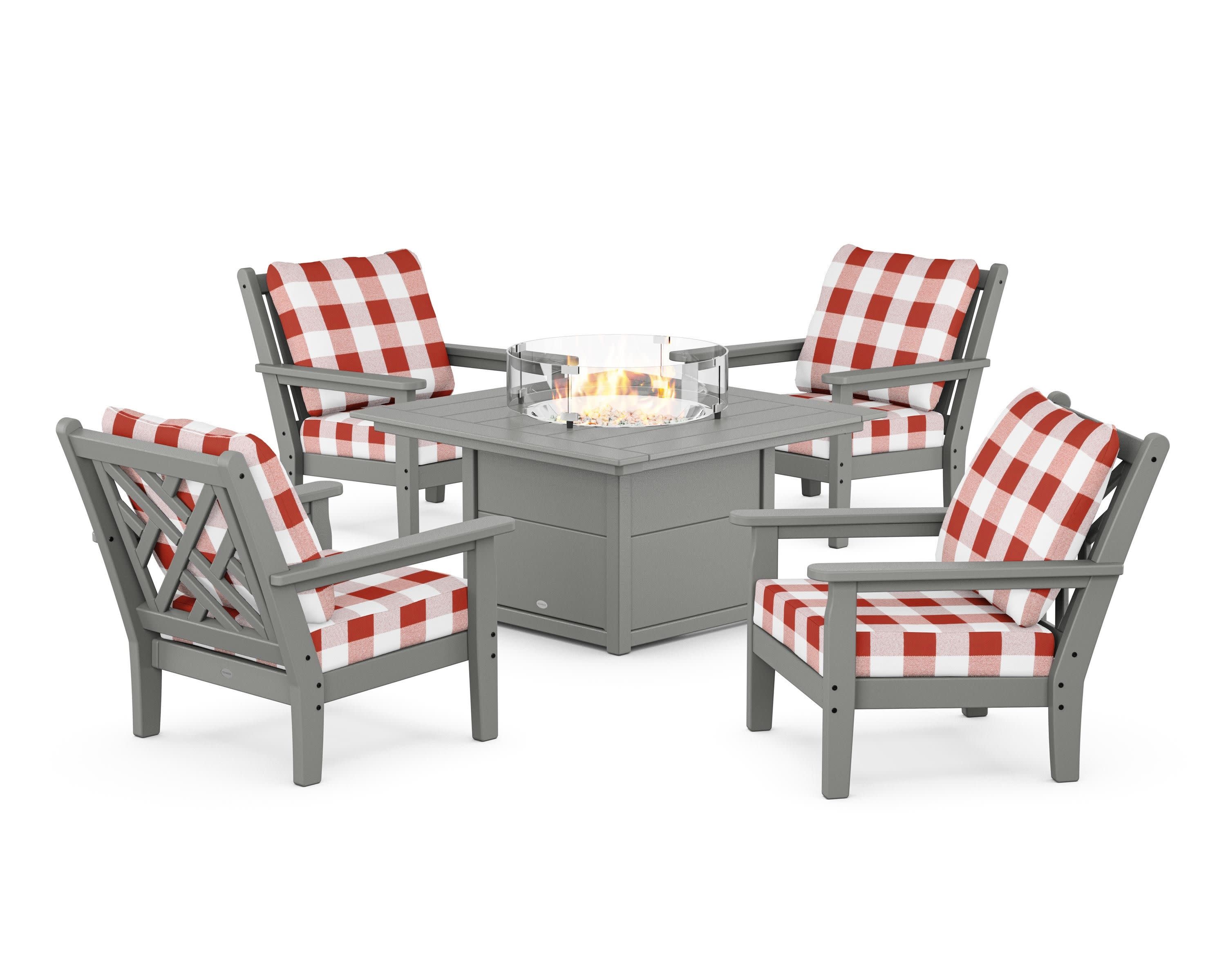 Chippendale 5-Piece Deep Seating Set with Fire Pit Table in Slate Grey / Buffalo Plaid Crimson