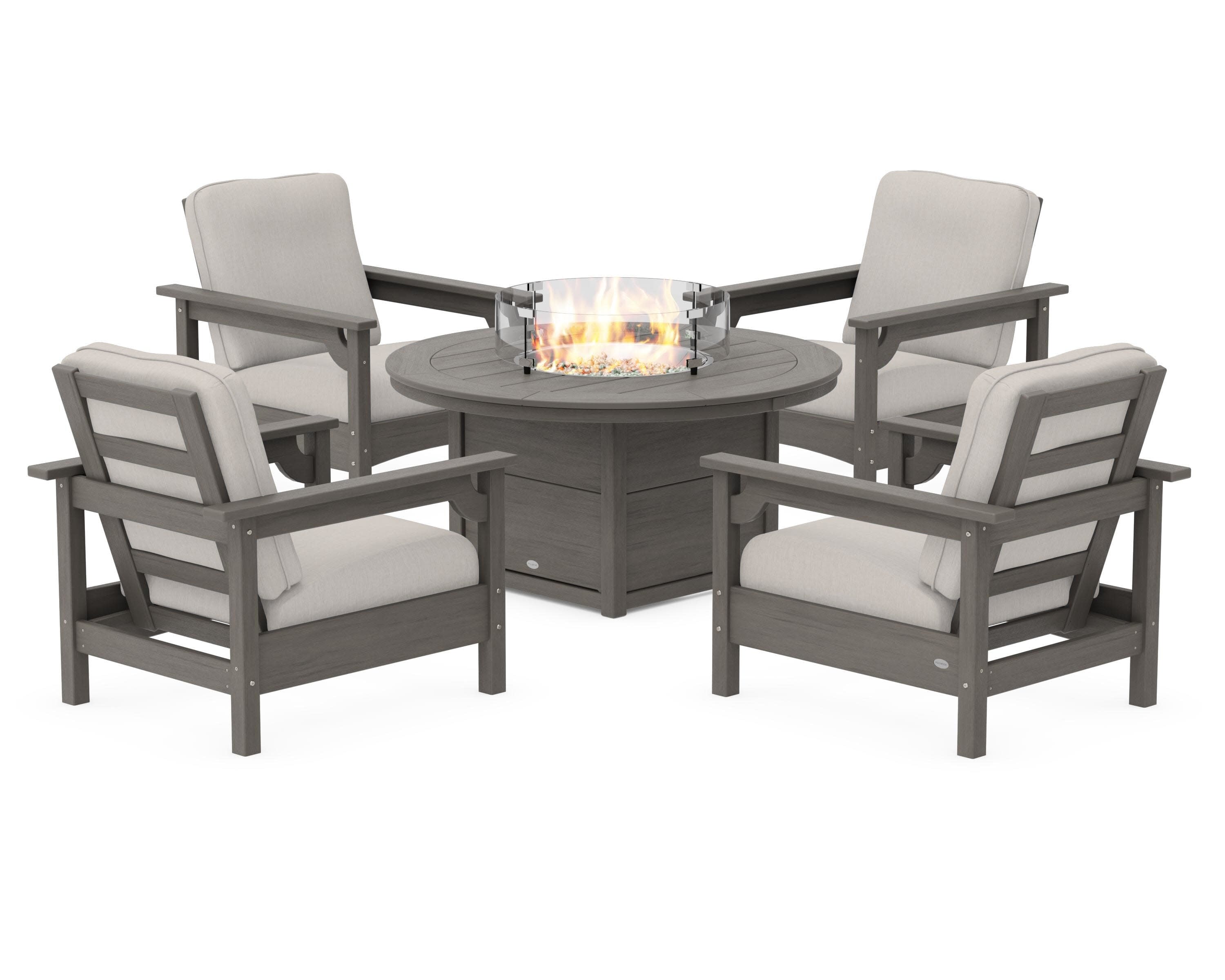 Club 5-Piece Conversation Set with Fire Pit Table in Driftwood / Cast Ash