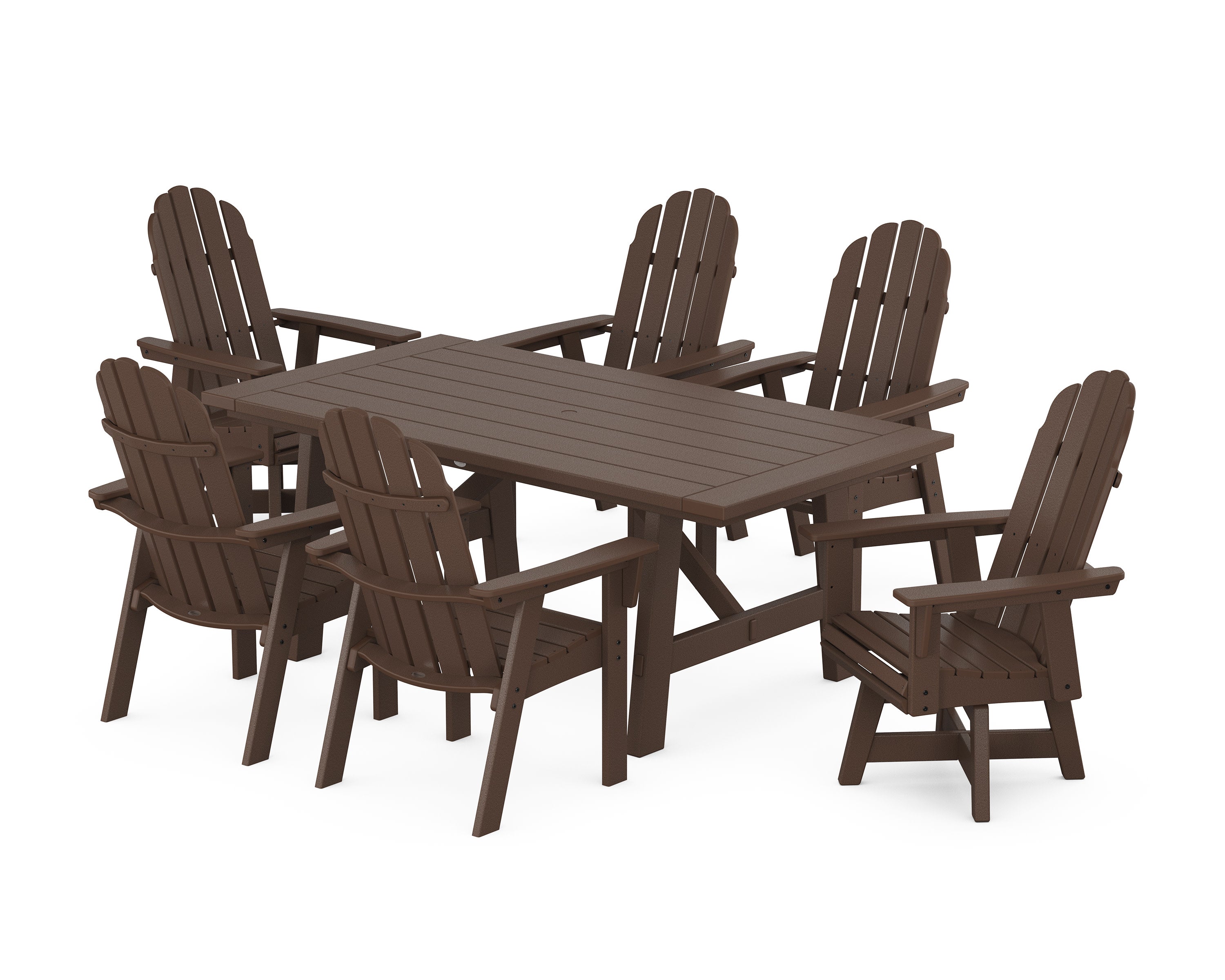 Vineyard Curveback Adirondack Swivel Chair 7-Piece Rustic Farmhouse Dining Set in Mahogany